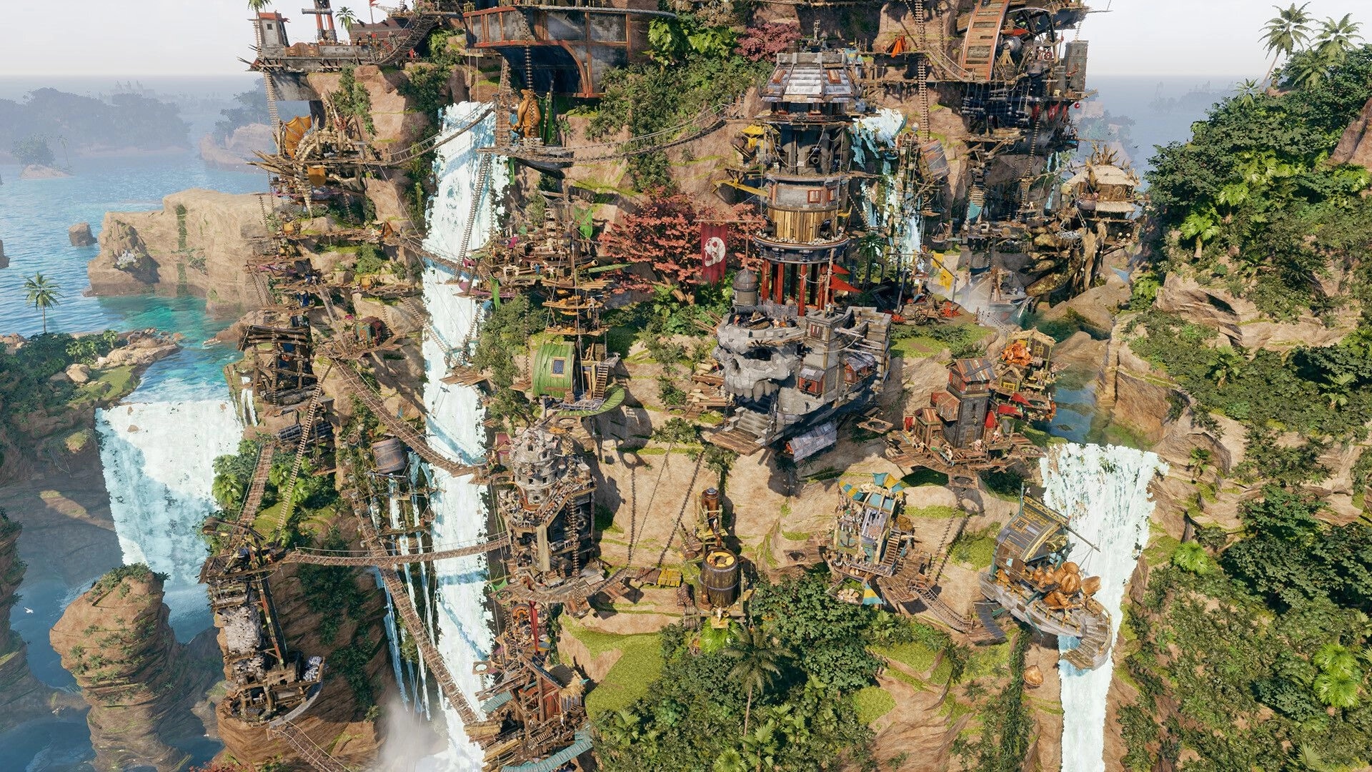 Corsair Cove: Cliffside pirate settlement with rope bridges and towers around waterfalls on jungle coast.