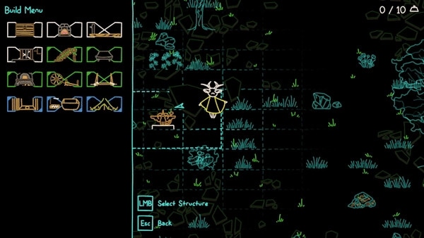 Cosmic Construct: Character in field placing structures using build menu in a grid-based landscape.