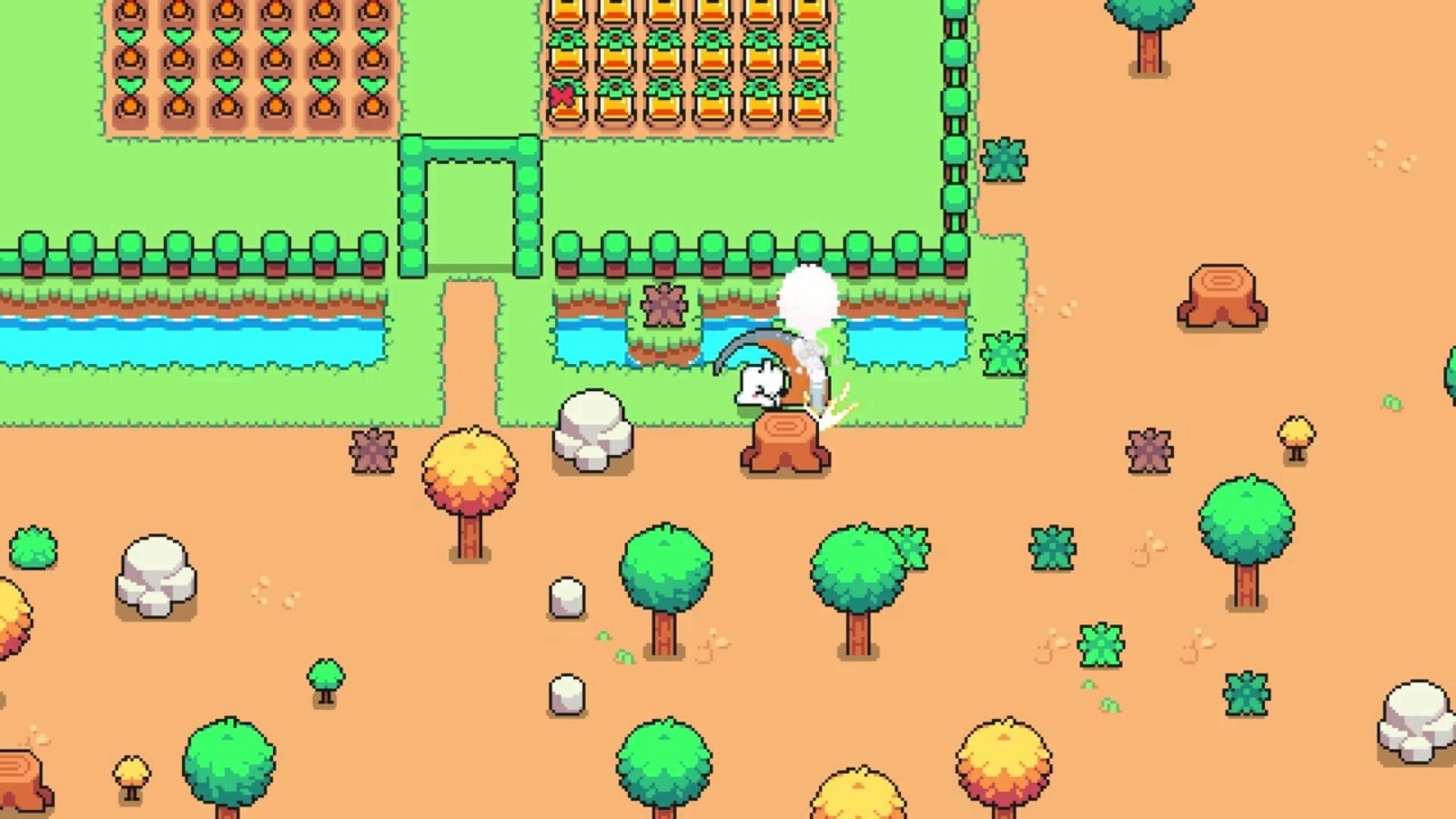 Cosmic Coop: Character chopping tree stump in vibrant garden with rows of crops and colorful trees.