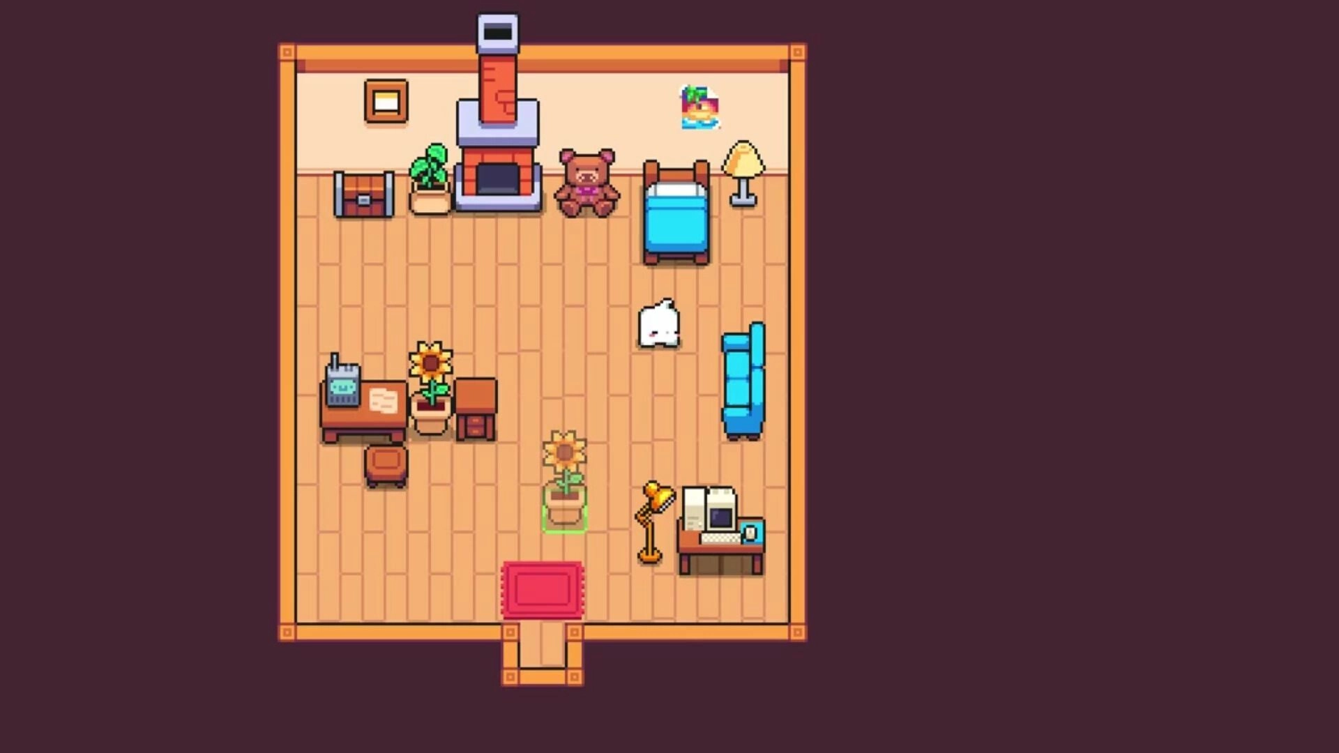 Cosmic Coop: Cozy room with a white Critterling, plants, teddy bear, and computer desk setup