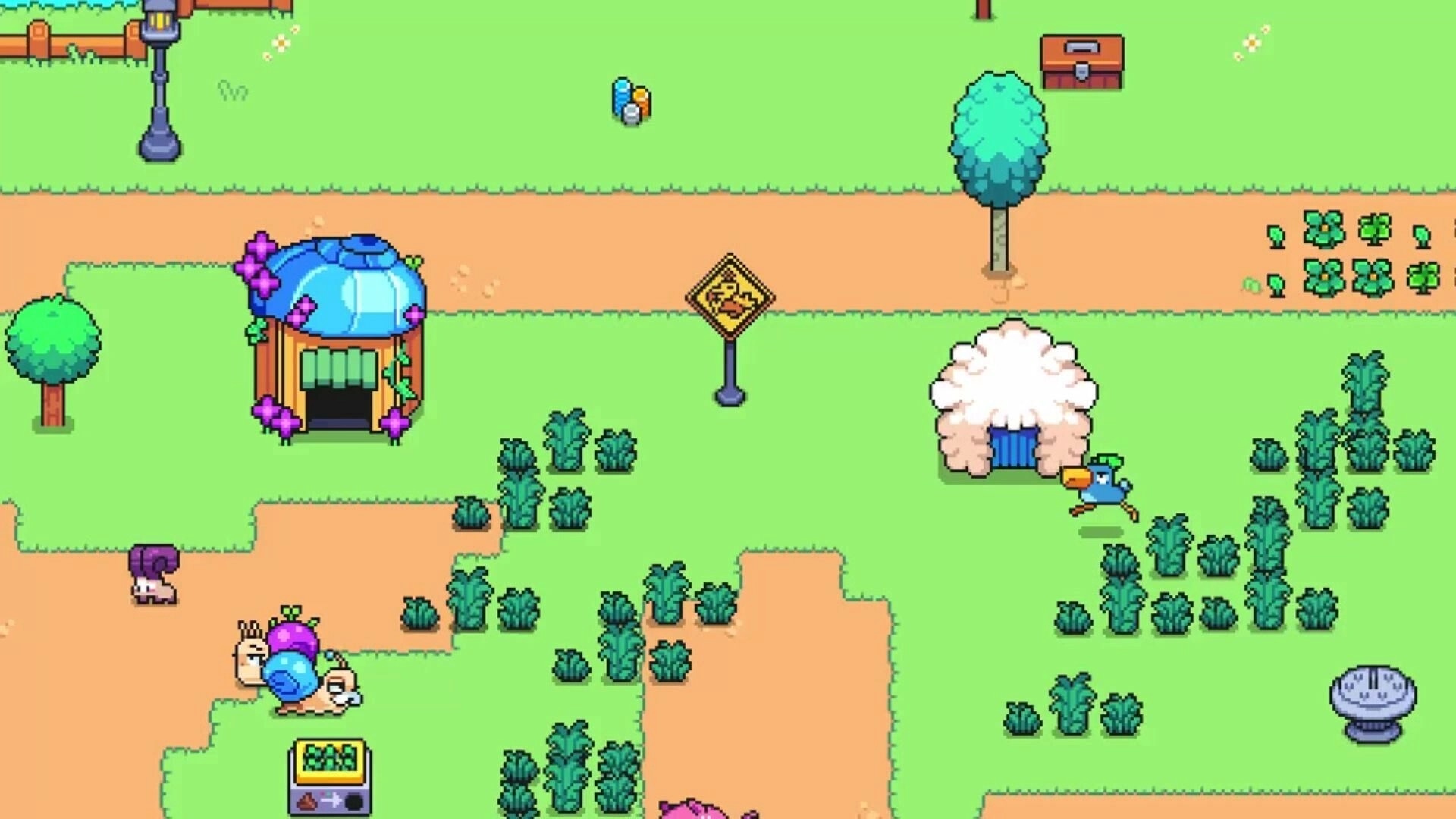Cosmic Coop: Critterlings gather near a blue-roofed shop amidst a vibrant garden and dirt paths.