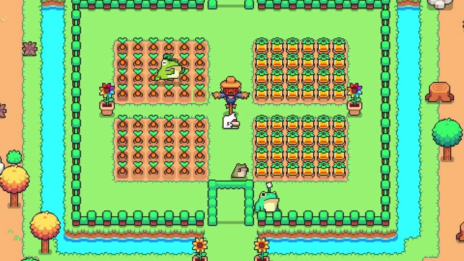 Cosmic Coop: Farmer tending garden with Critterlings amidst lush fields and flowing water streams