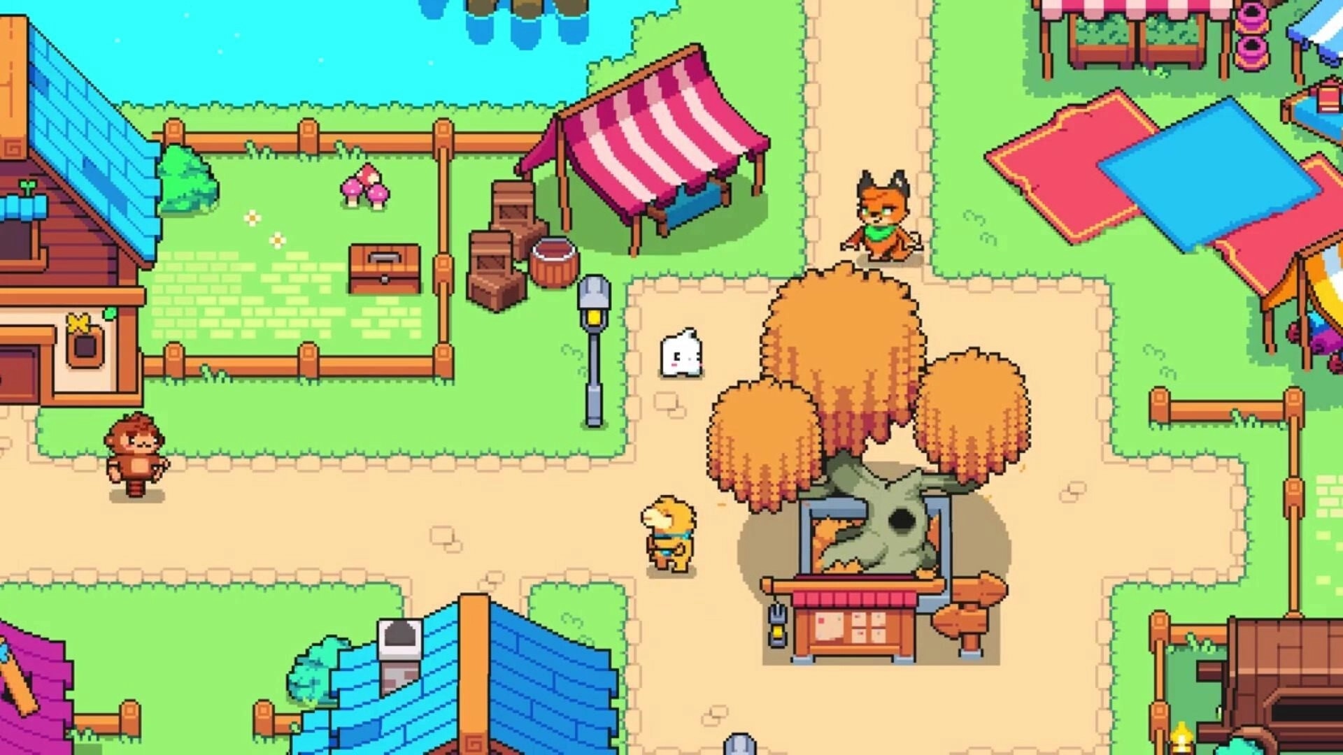 Cosmic Coop: Cute village scene with Critterlings, colorful stalls, and lush trees in a sunny plaza