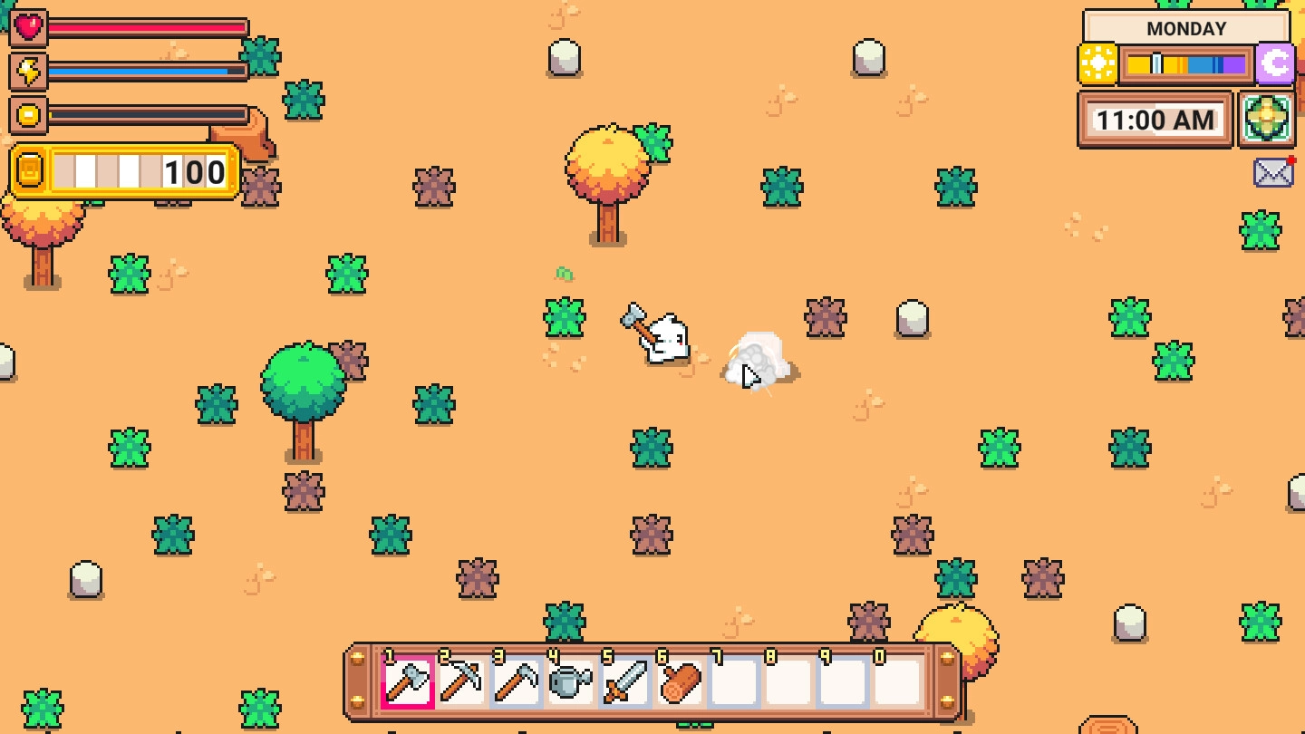 Cosmic Coop: Critterling digs a rock in a sunny garden with tool menu and status bars displayed