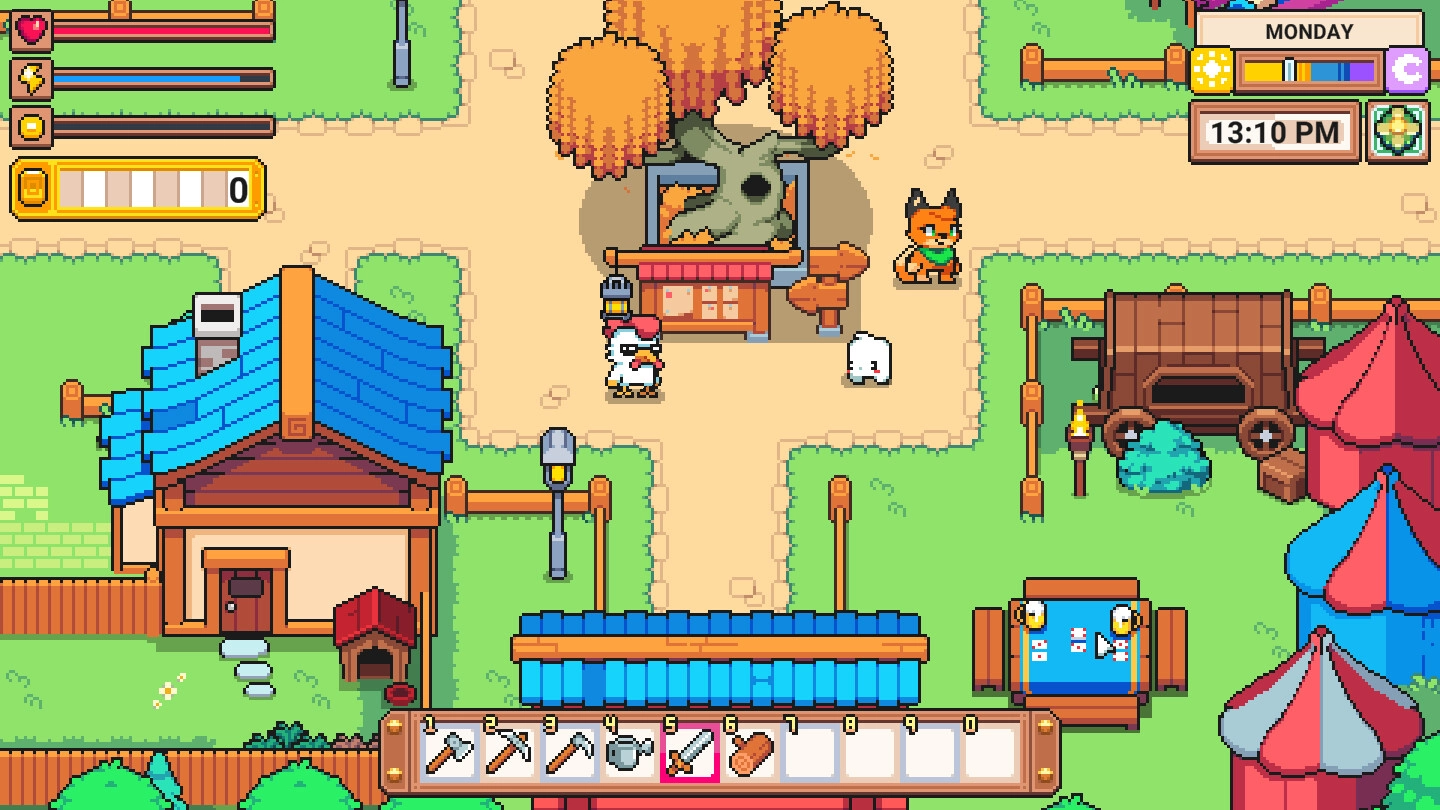Cosmic Coop: Player in village center with Critterlings, inventory bar, and time display at 13:10 PM.