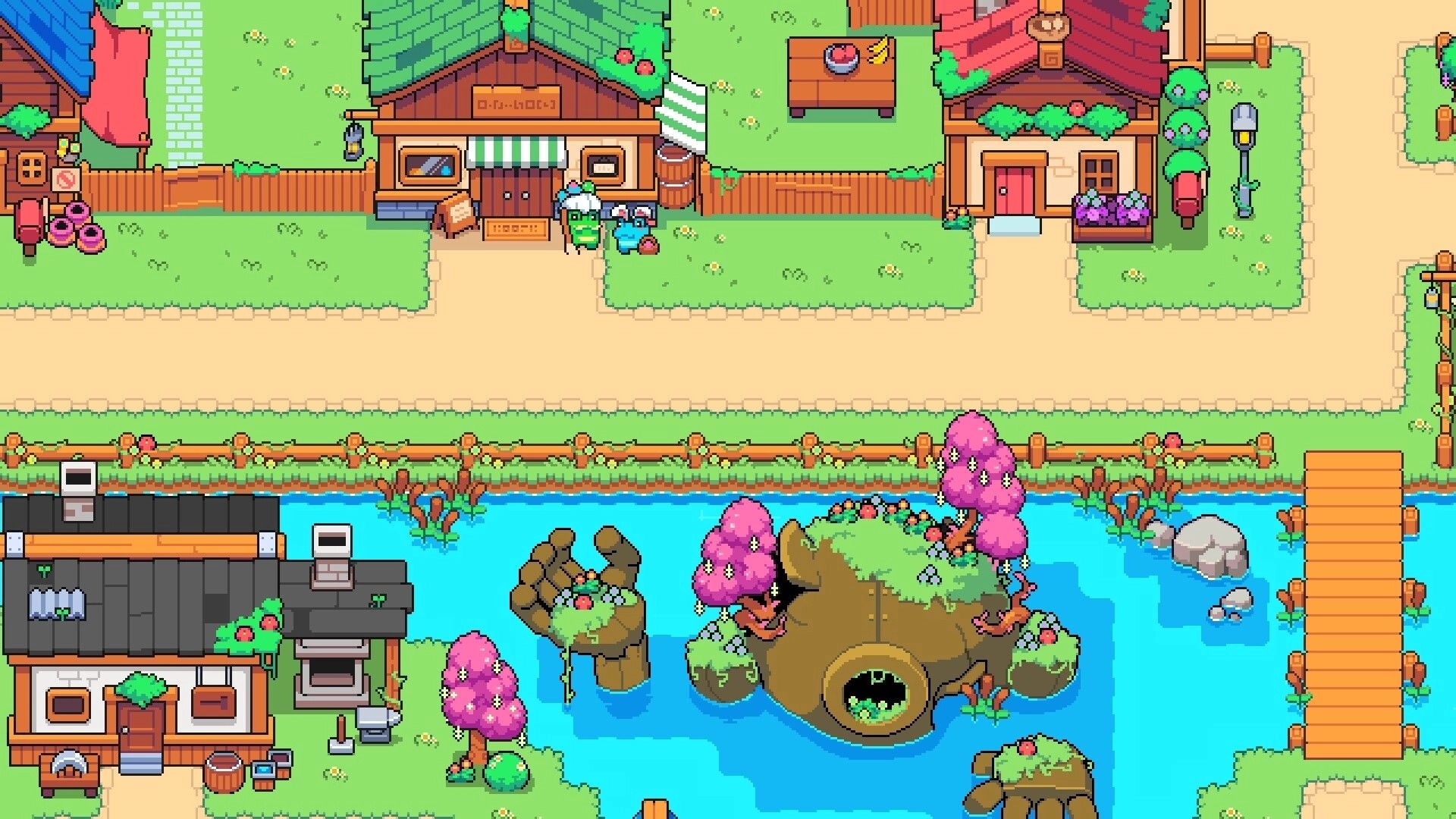 Cosmic Coop: Village street with shops and pink trees by a river, charming cozy environment
