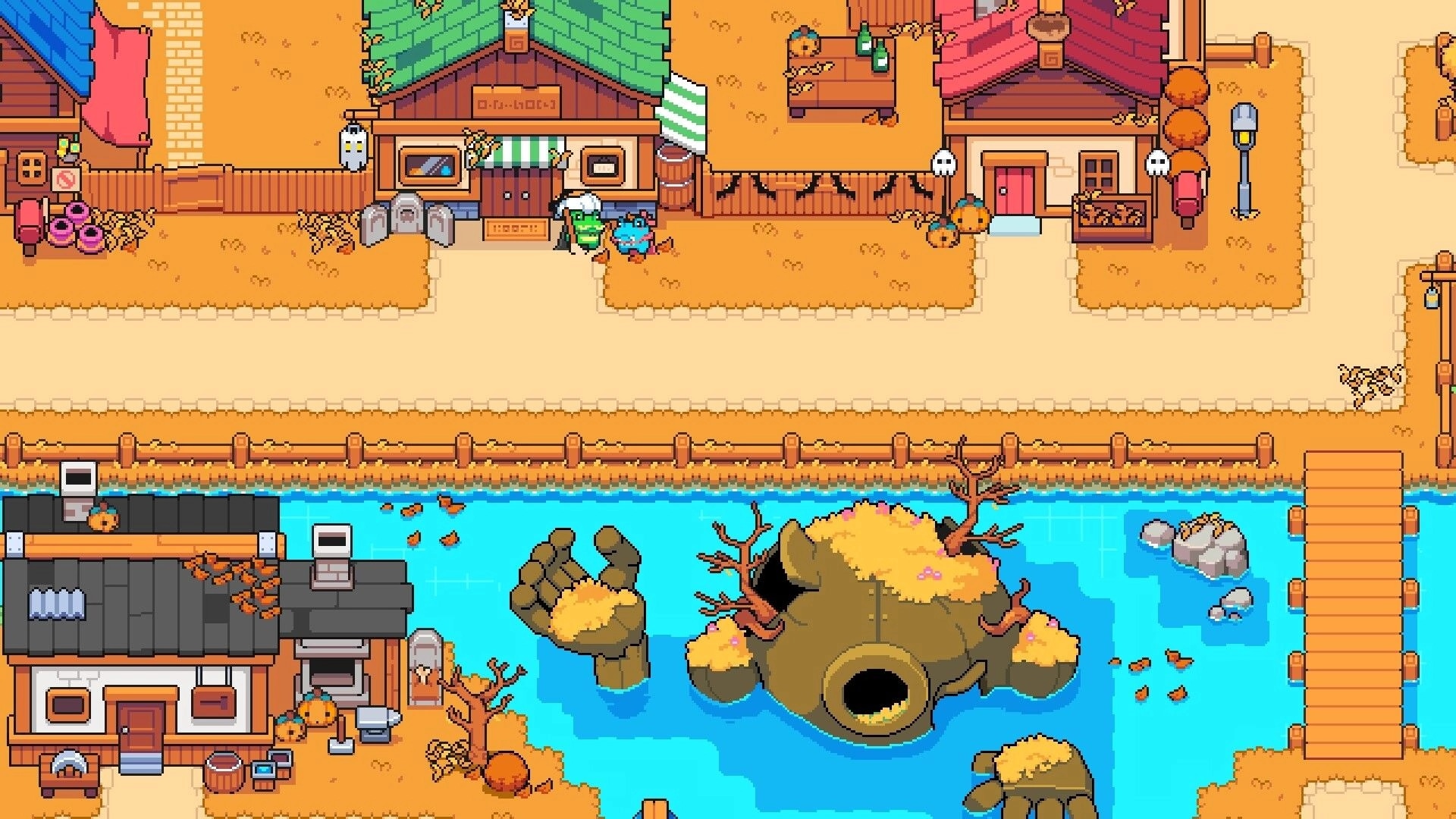 Cosmic Coop: Critterlings explore a vibrant village with colorful rooftops and flowing river below.