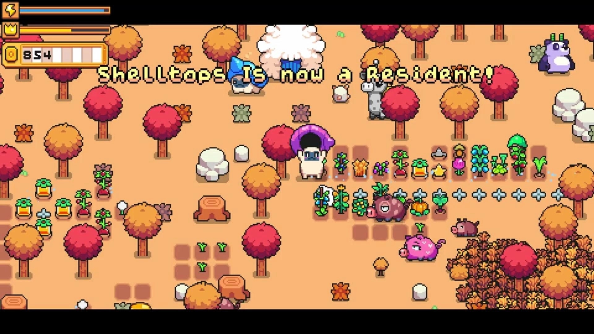 Cosmic Coop: Critterlings explore vibrant garden with colorful trees and crops in a cozy autumn setting
