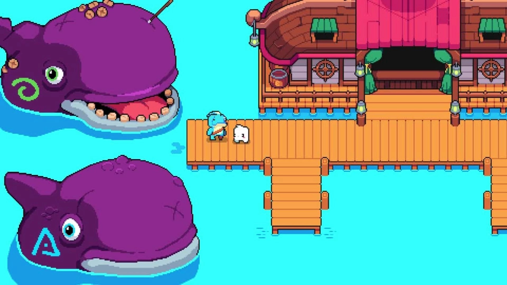 Cosmic Coop: Player character on dock with Critterling and two purple whales in vibrant water setting