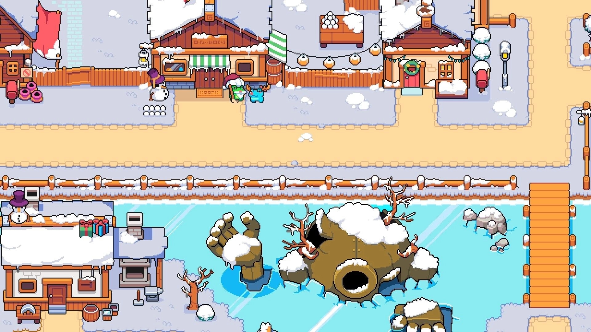 Cosmic Coop: Festive village with snow-covered cottages and a frozen lake, Critterling companion nearby.