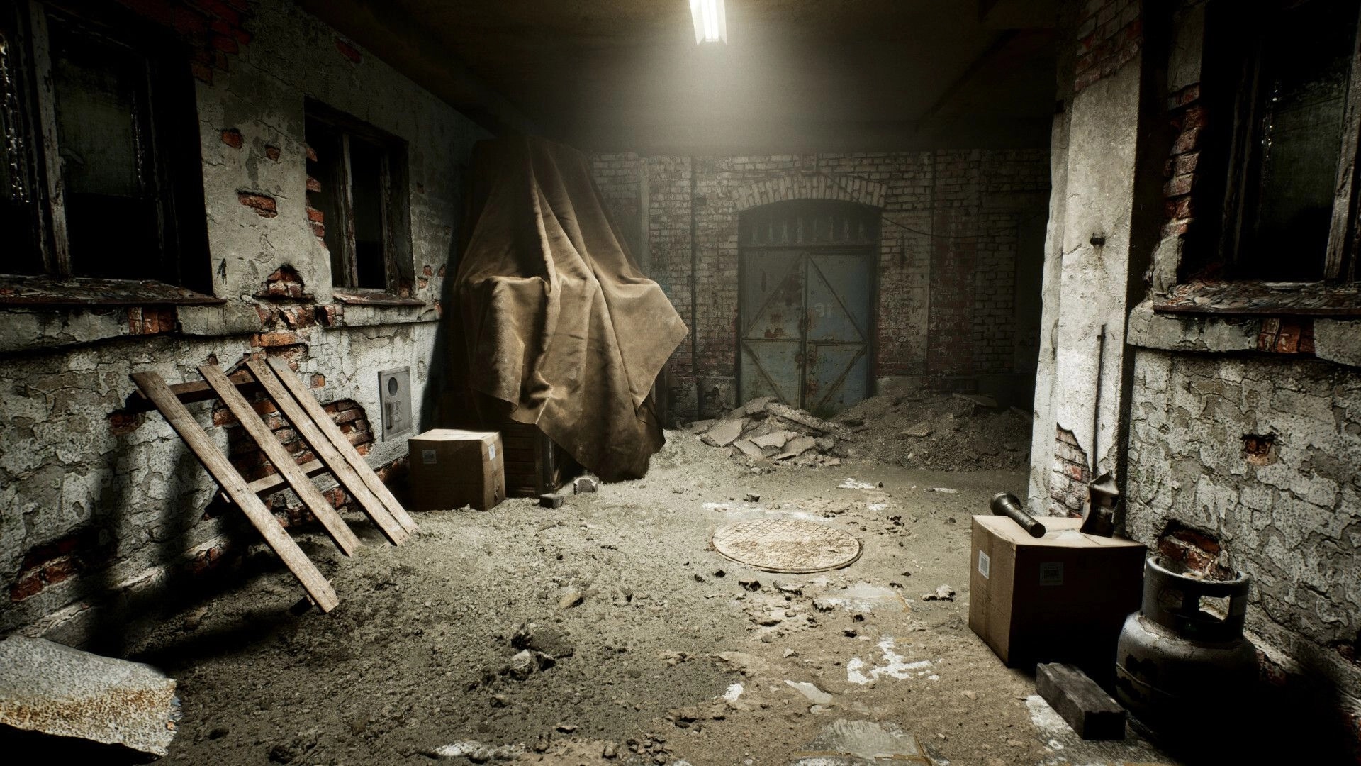 Cosmic Fear: Exploring a dusty brick basement with crates, tarp-covered pile, and metal door ahead.