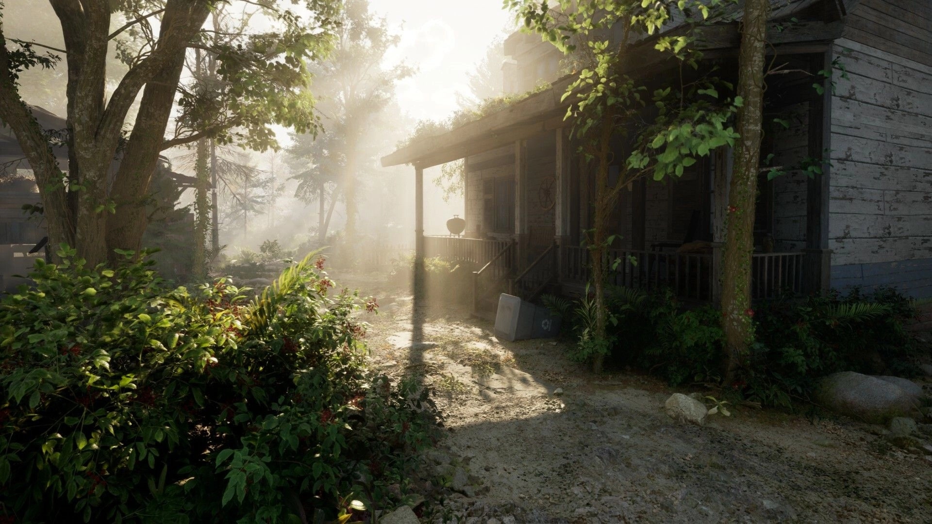 Cosmic Fear: Exploring an overgrown porch and dirt path beside a weathered wooden house at dawn.