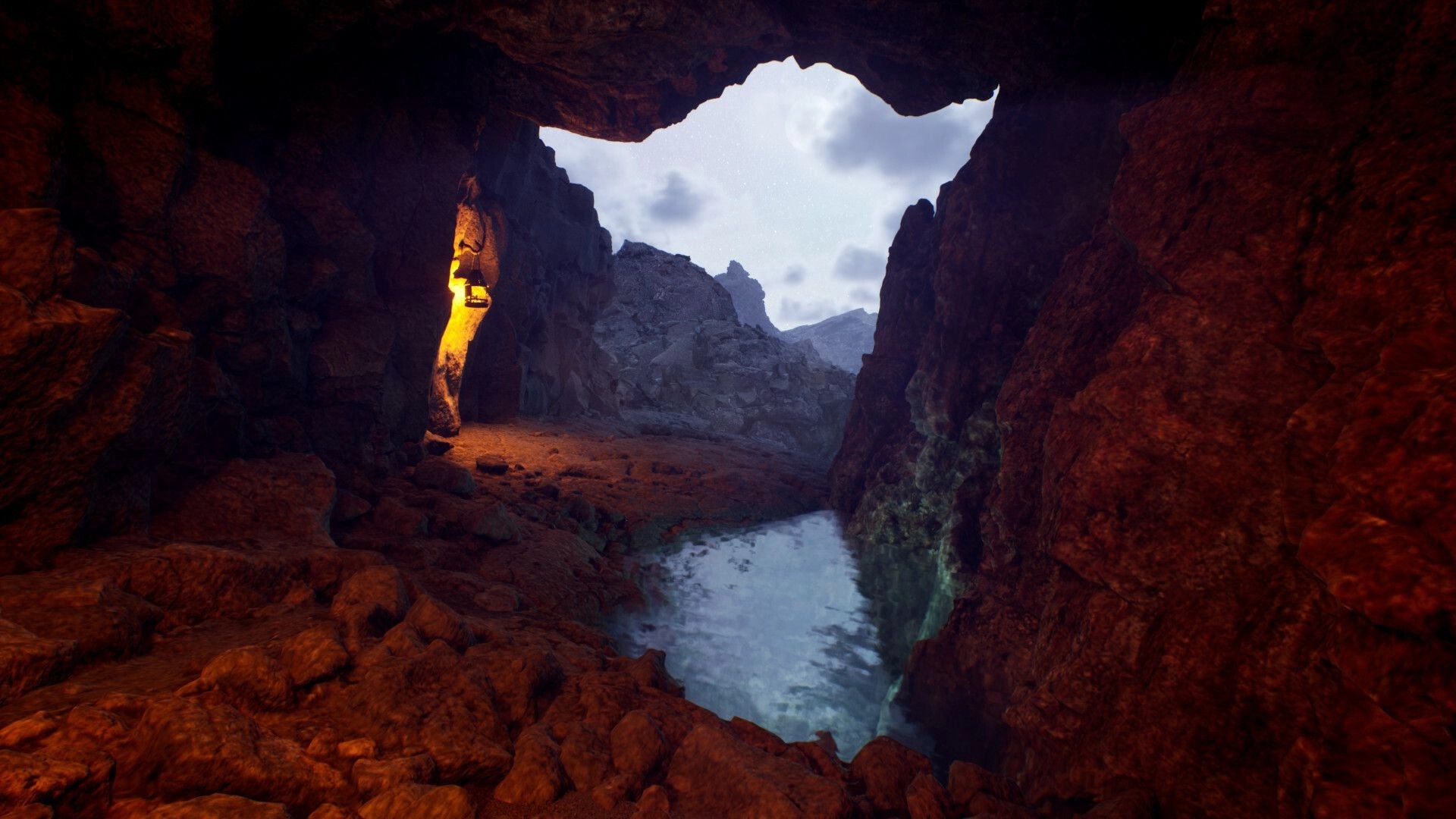 Cosmic Fear: Exploring a rocky cave with a lantern by the wall and water pool beneath a skylight.