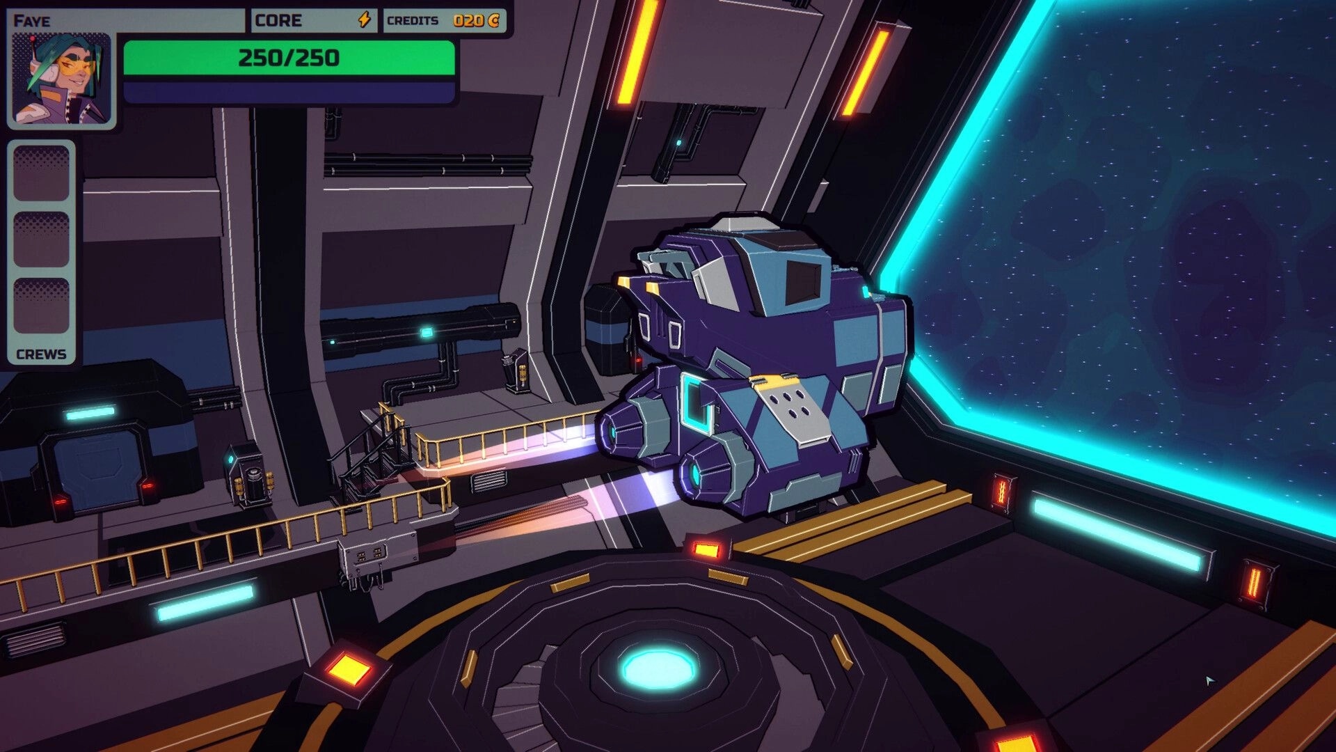 Cosmo Cargo: Ship hangar view with parked cargo rover, Faye HUD, core 250/250, stars outside.