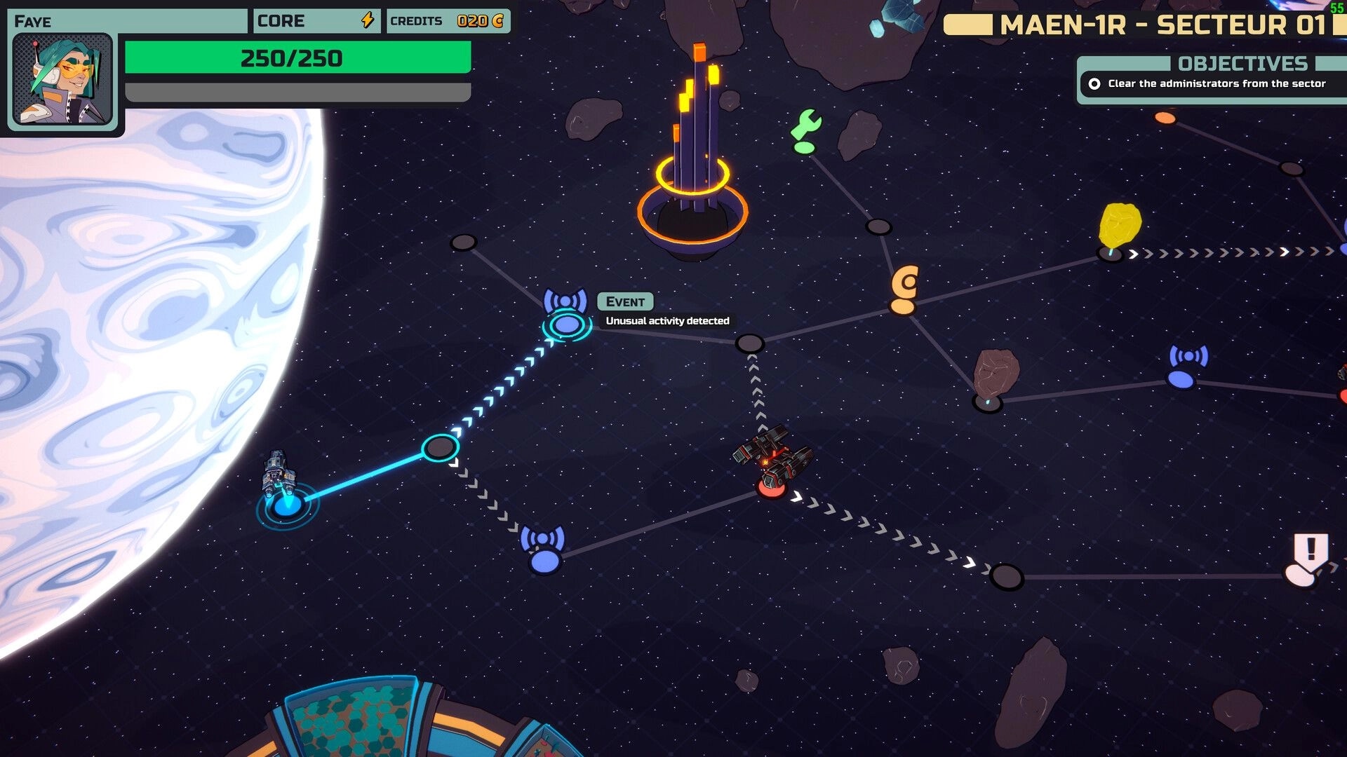 Cosmo Cargo: Sector map with ship route to an event node, objectives panel over starfield.