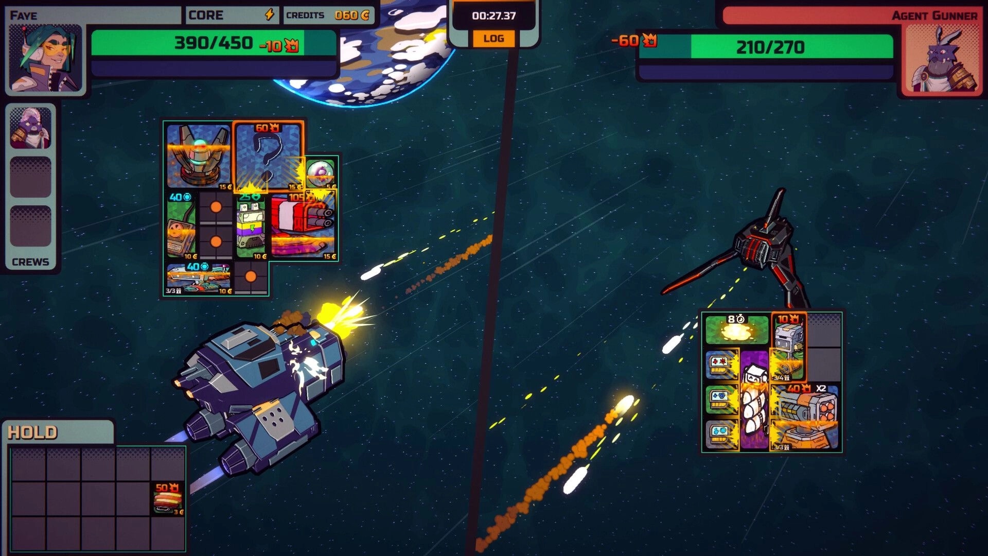 Cosmo Cargo: Ship combat with inventory grids and health bars in starfield duel versus Agent Gunner.