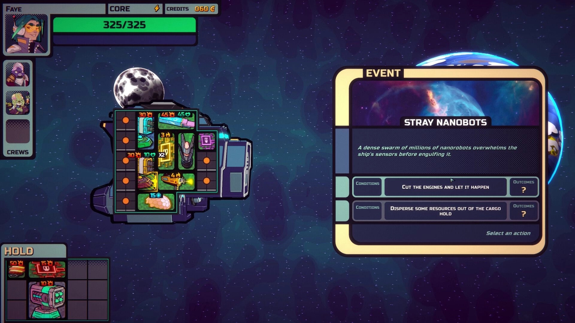 Cosmo Cargo: Stray Nanobots event choice panel beside ship inventory grid in starry space backdrop.