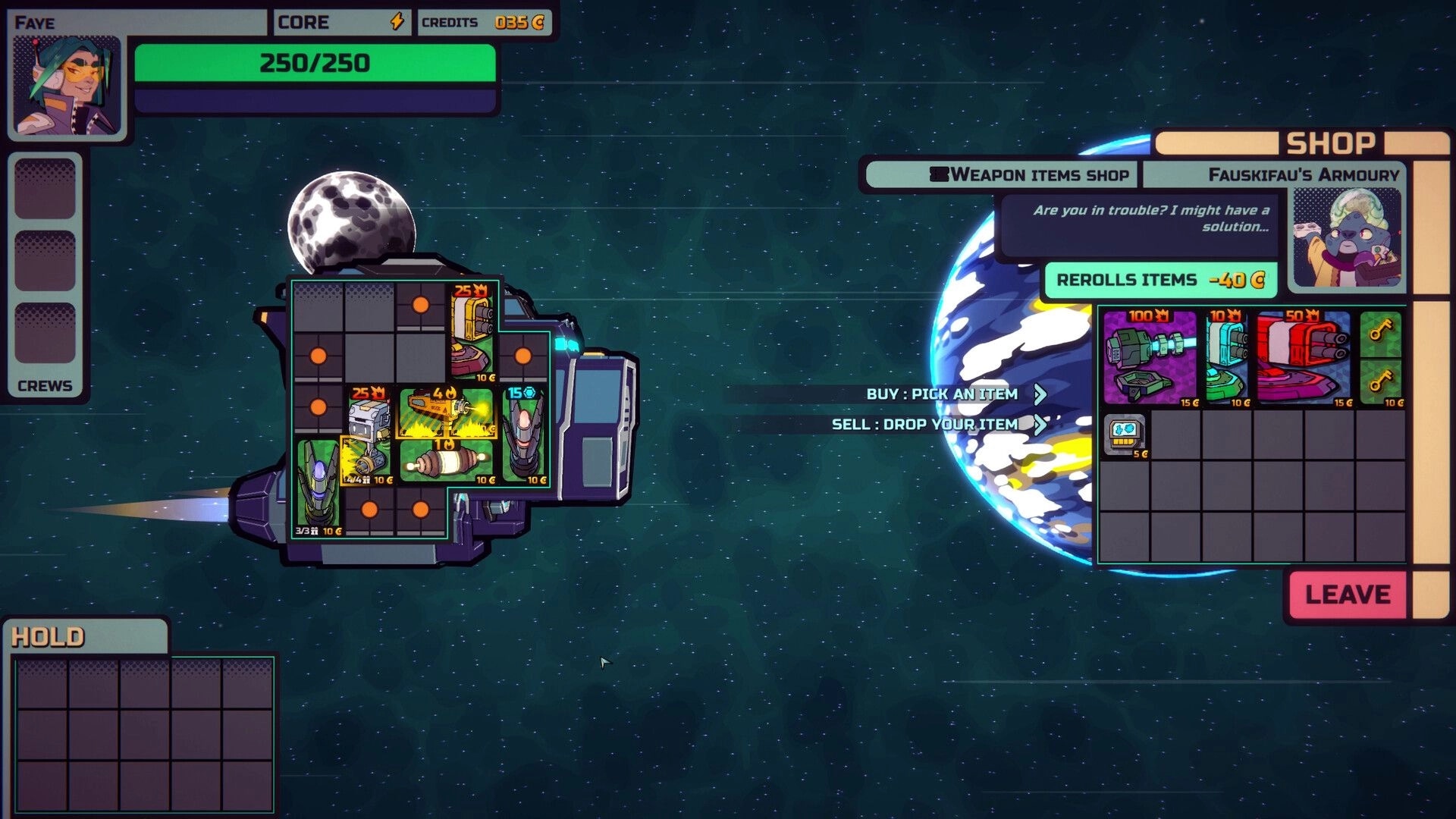 Cosmo Cargo: Shopping for weapon items while managing ship grid inventory in a space station shop UI.