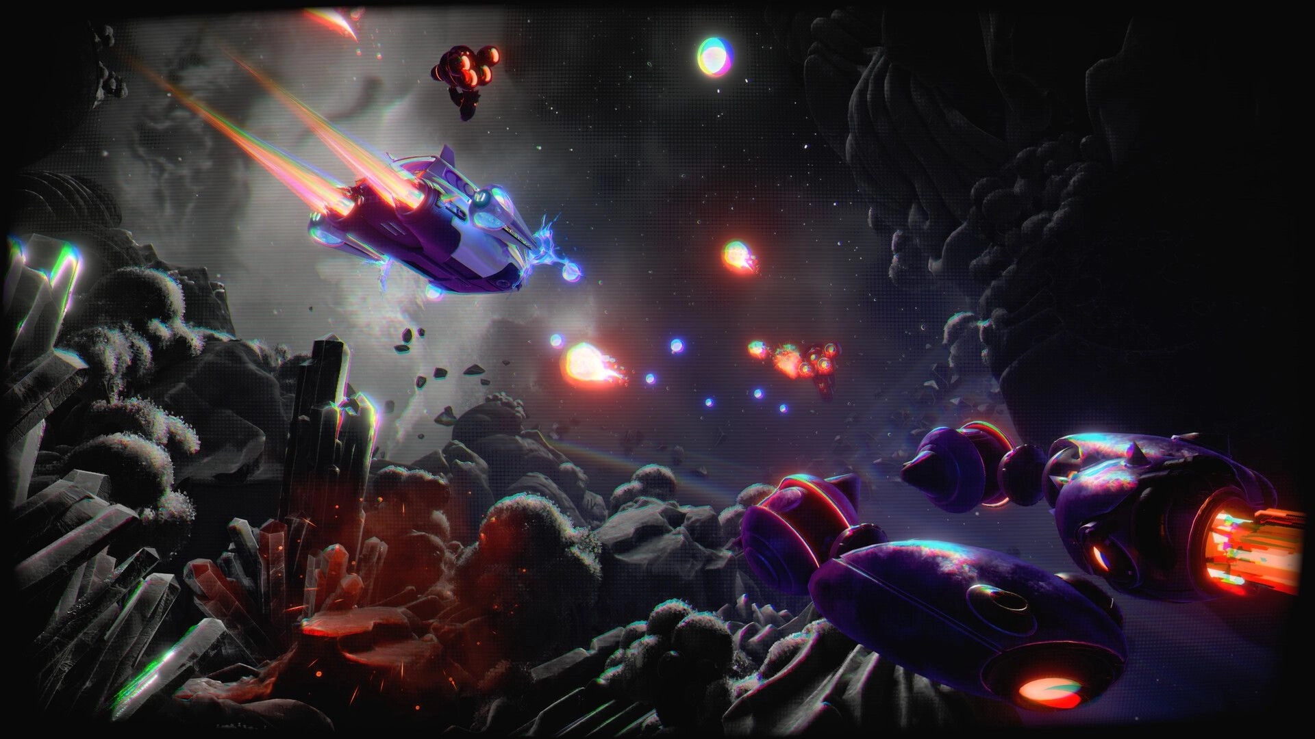 Cosmo Tales: Spaceship fires neon lasers at drones above a rocky asteroid field under starry space sky.
