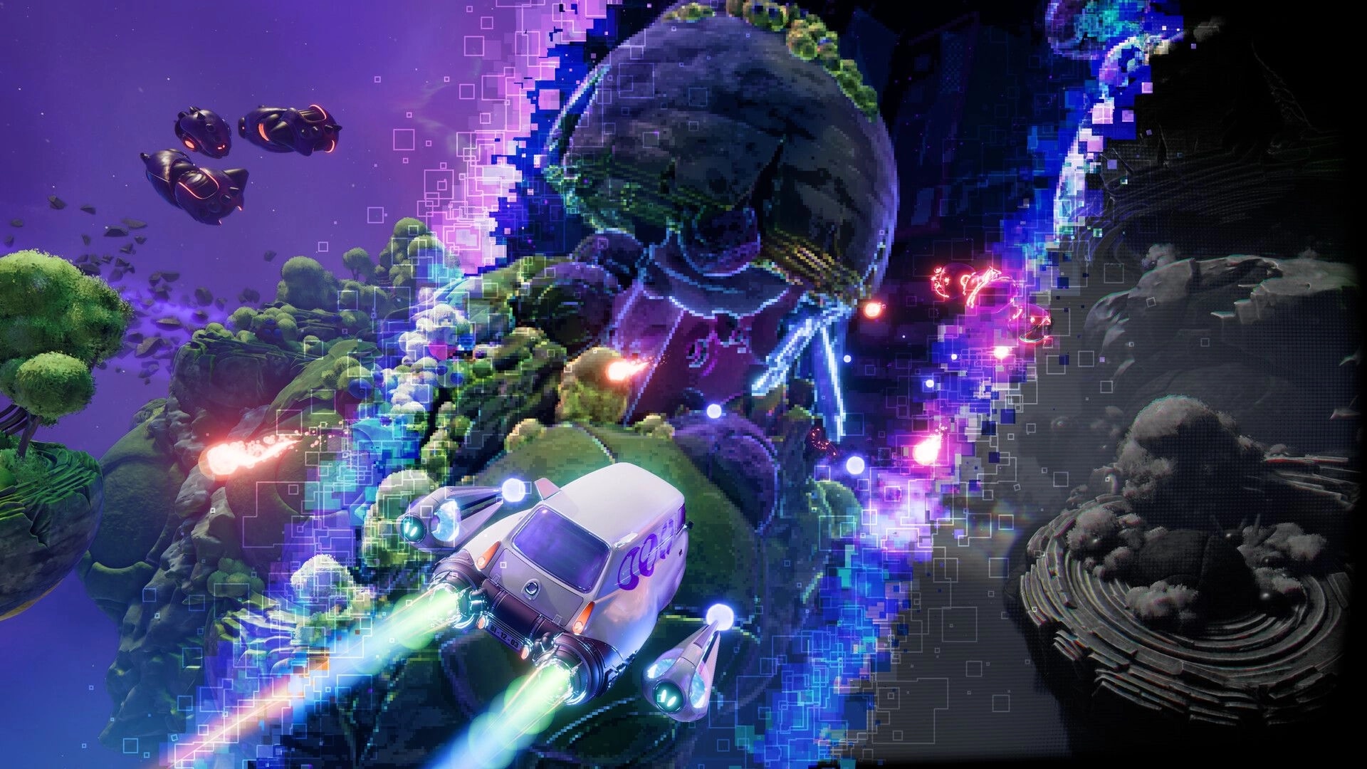 Cosmo Tales: Player ship and drones fly through a glitching rift between colorful and gray asteroid fields.