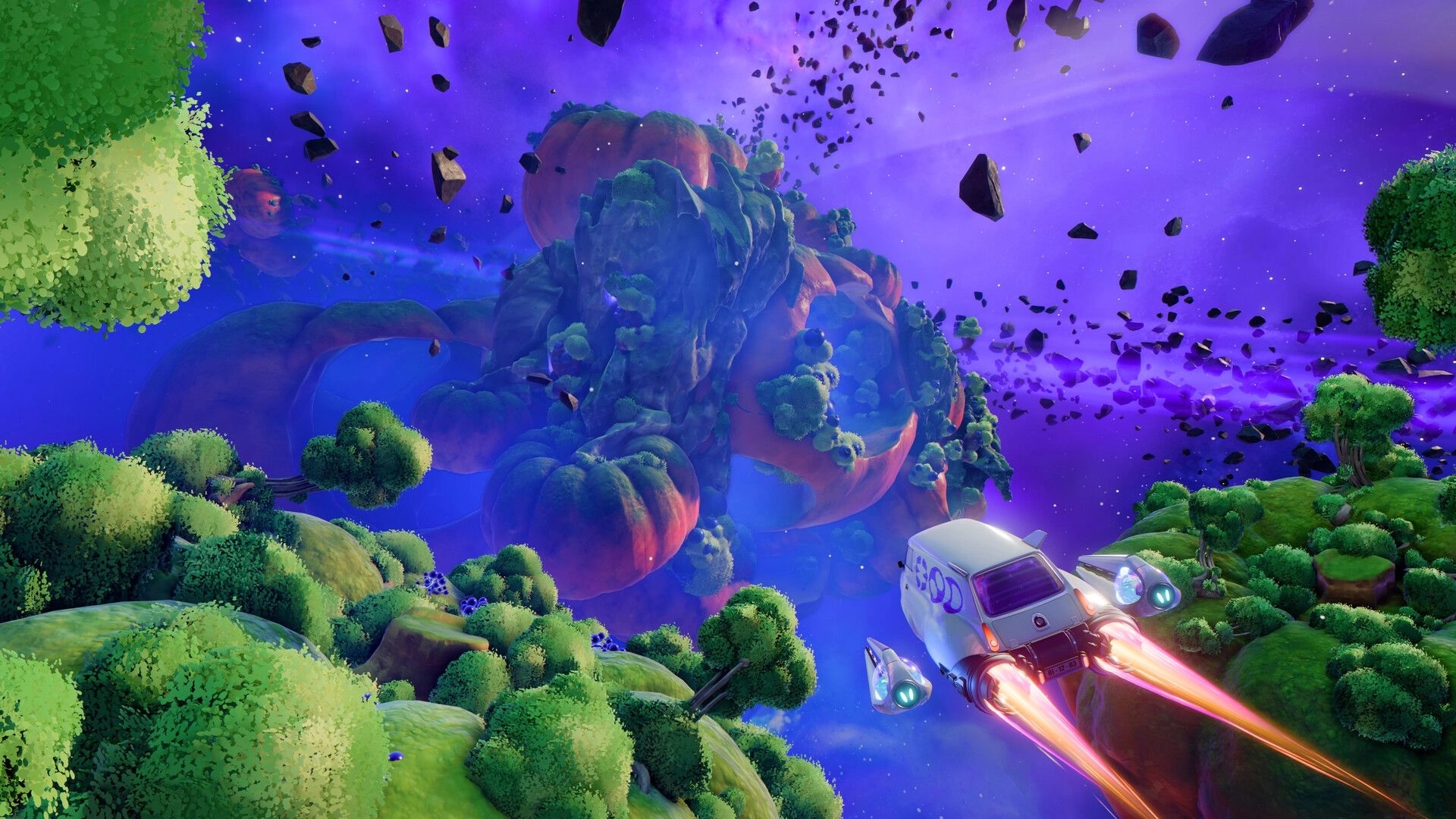 Cosmo Tales: Small spaceship boosts past floating rocks near a lush asteroid under purple nebula sky.