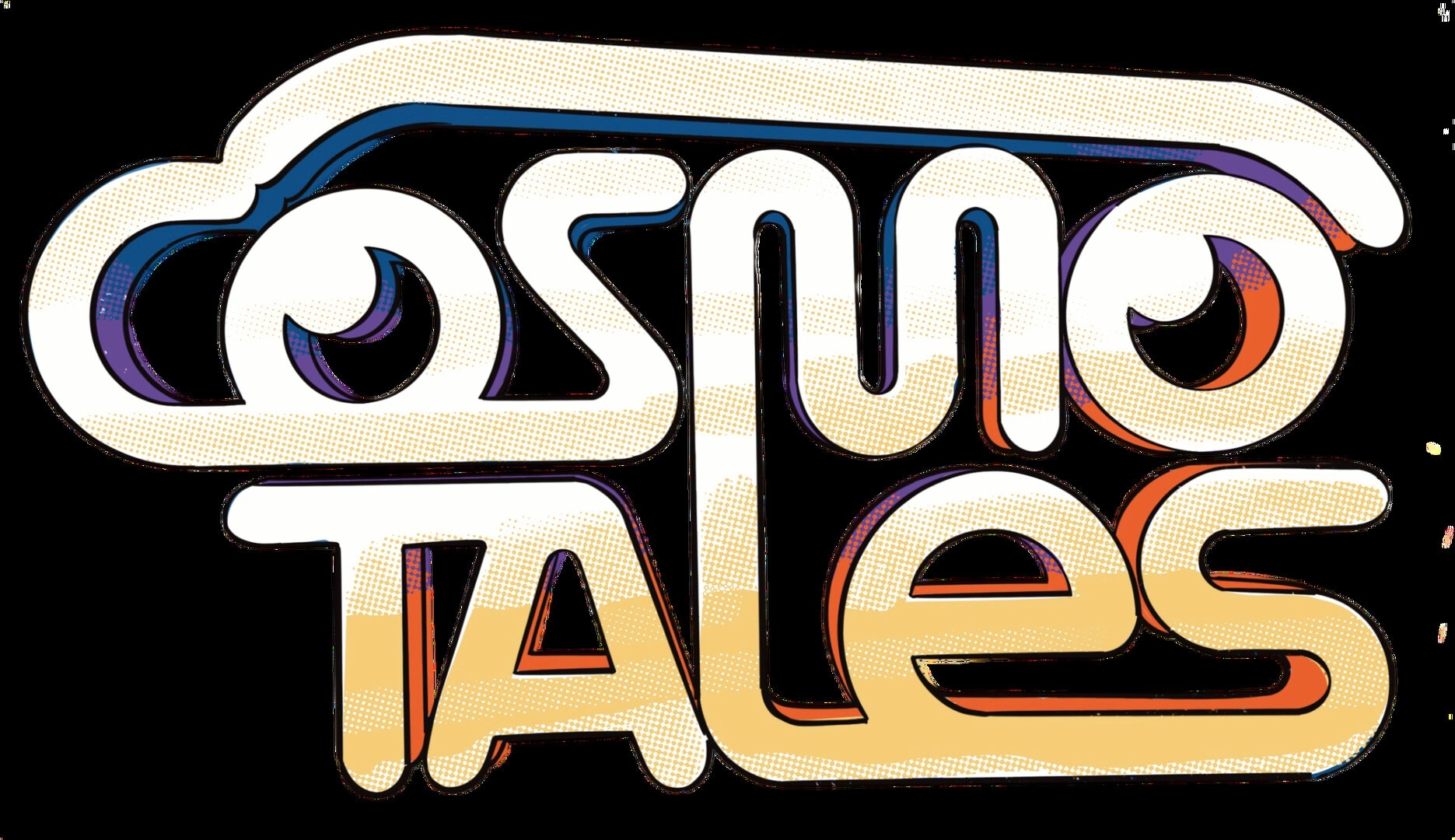 Cosmo Tales: Stylized title logo in bold retro lettering with halftone shading on a black background.
