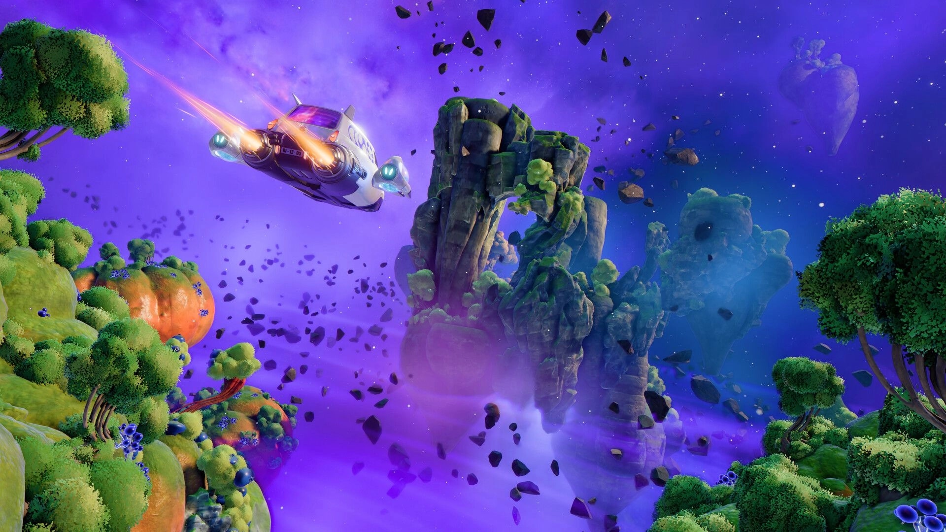 Cosmo Tales: Small spaceship flying past floating rock islands and trees in a purple starfield sky.
