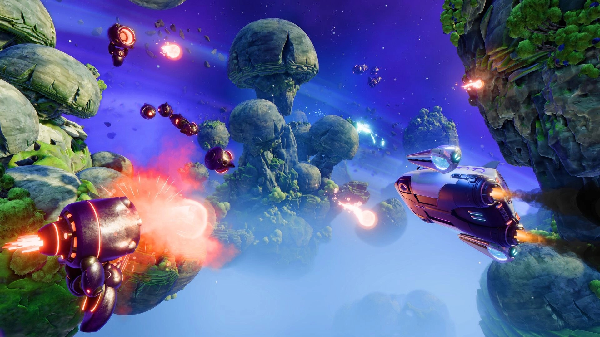 Cosmo Tales: Starship dodges enemy drones and explosions in a floating asteroid canyon in space.