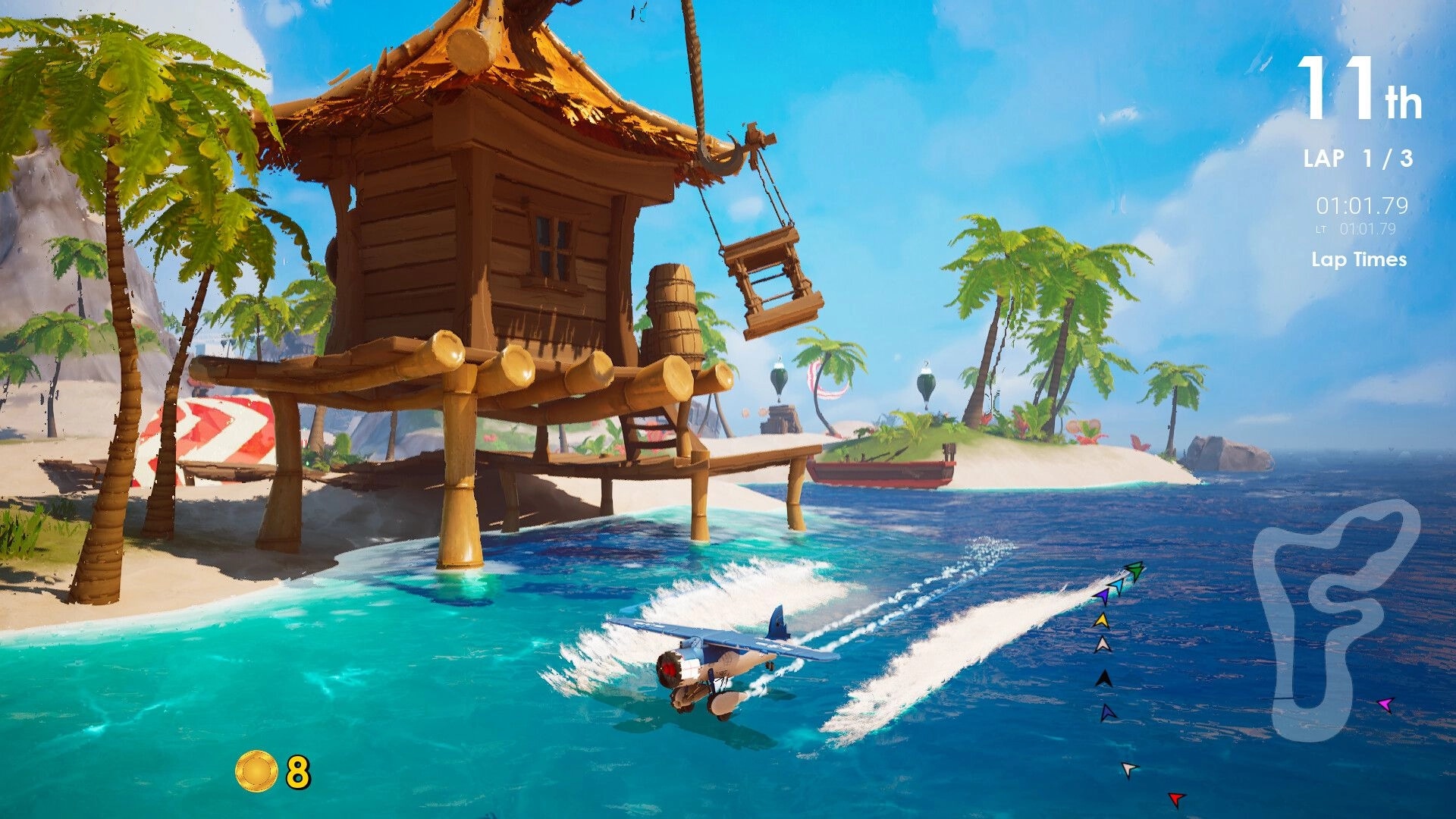 Couch Planes: Pilot races past tropical island huts with lap position and time displayed on screen