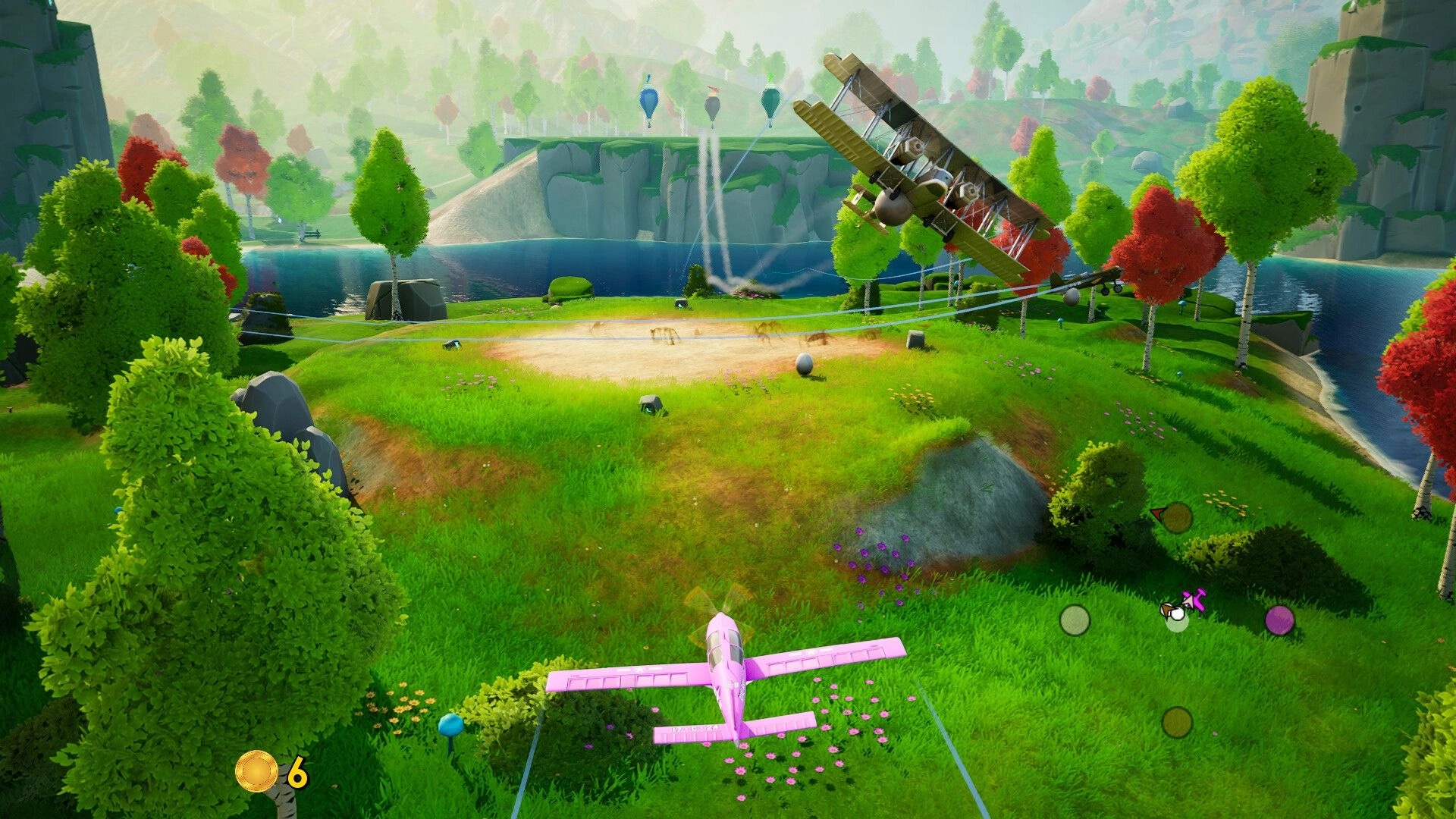 Couch Planes: Pink plane flying over grassy island with colorful trees and another plane in mid-air