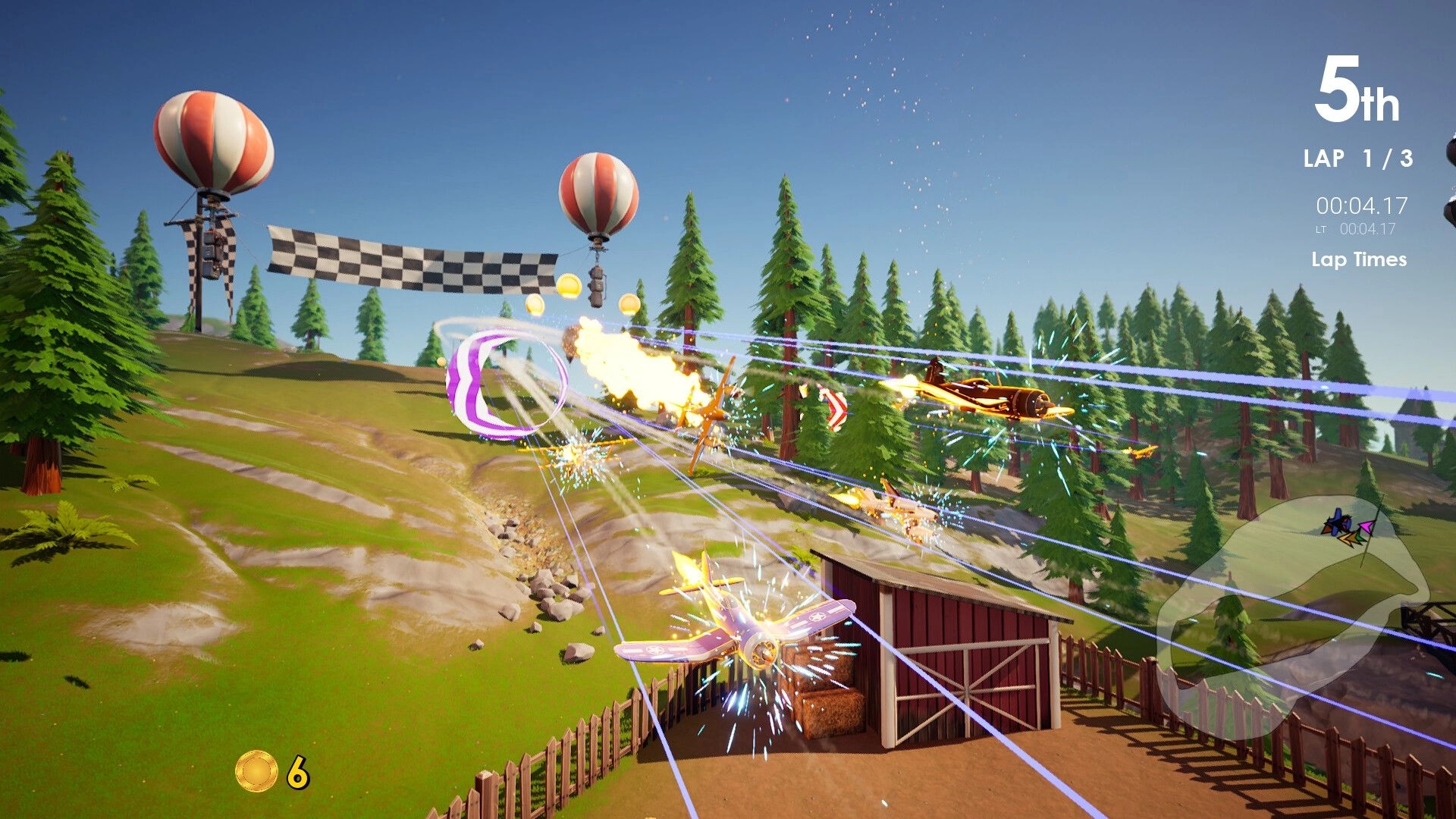 Couch Planes: Intense aerial race with planes dodging missiles near a checkered finish line in a forest.