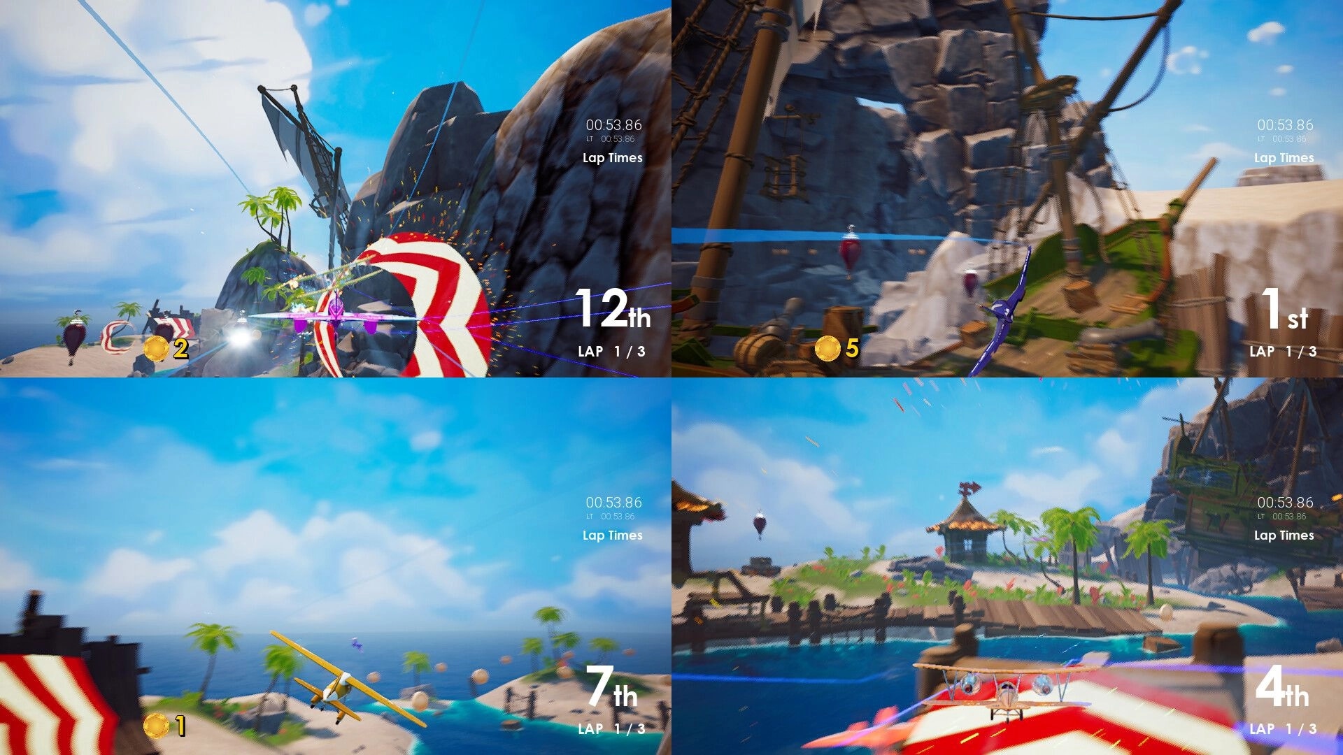 Couch Planes: Split-screen aerial race with planes navigating island obstacles and tracking lap positions