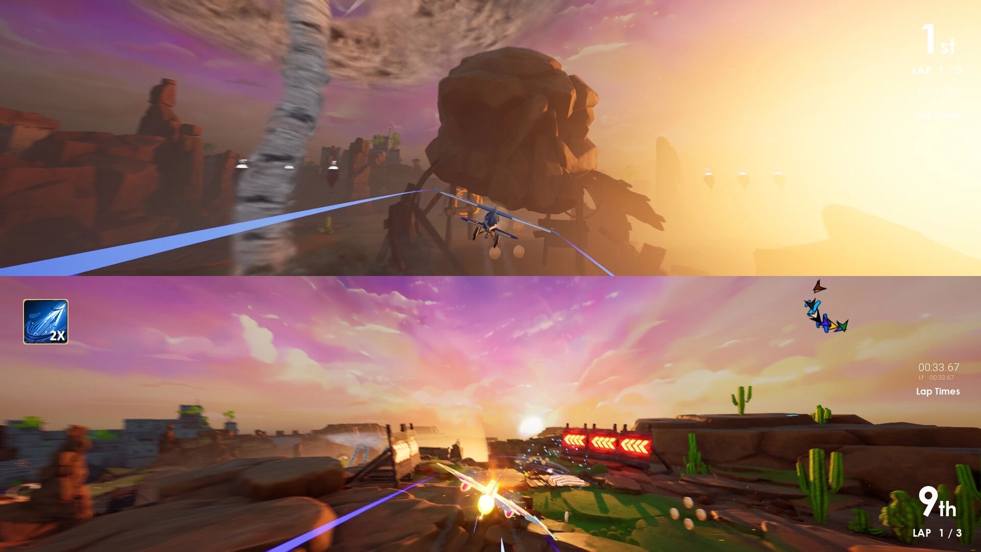 Couch Planes: Split-screen race through desert canyon with speed boost icons and lap progress displayed