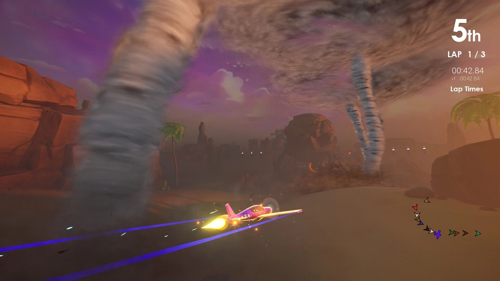 Couch Planes: Airplane dodges tornadoes in desert landscape, lap details and rankings shown on screen