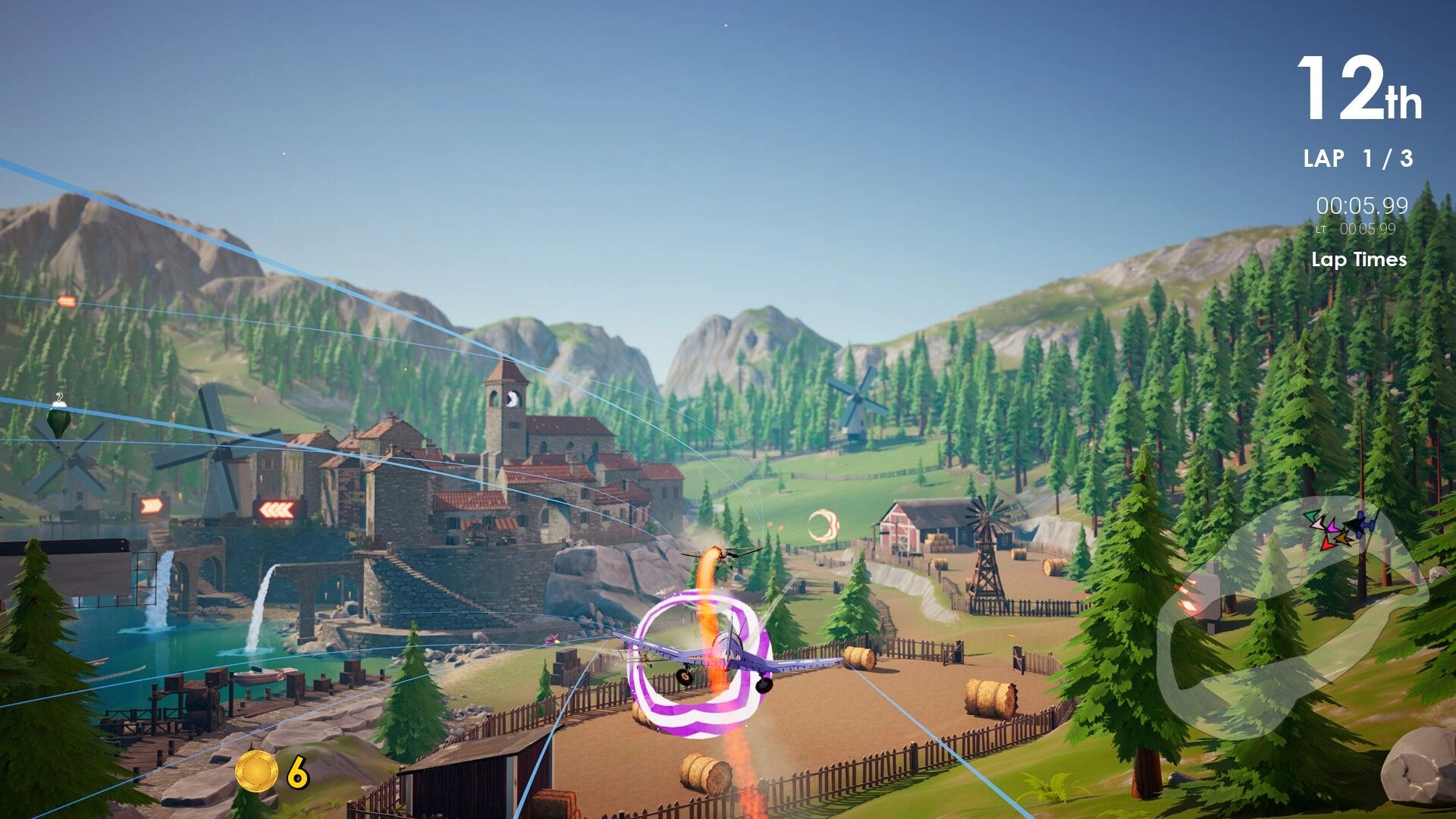 Couch Planes: Plane racing through village with leaderboard, lap counter, and mini-map on screen