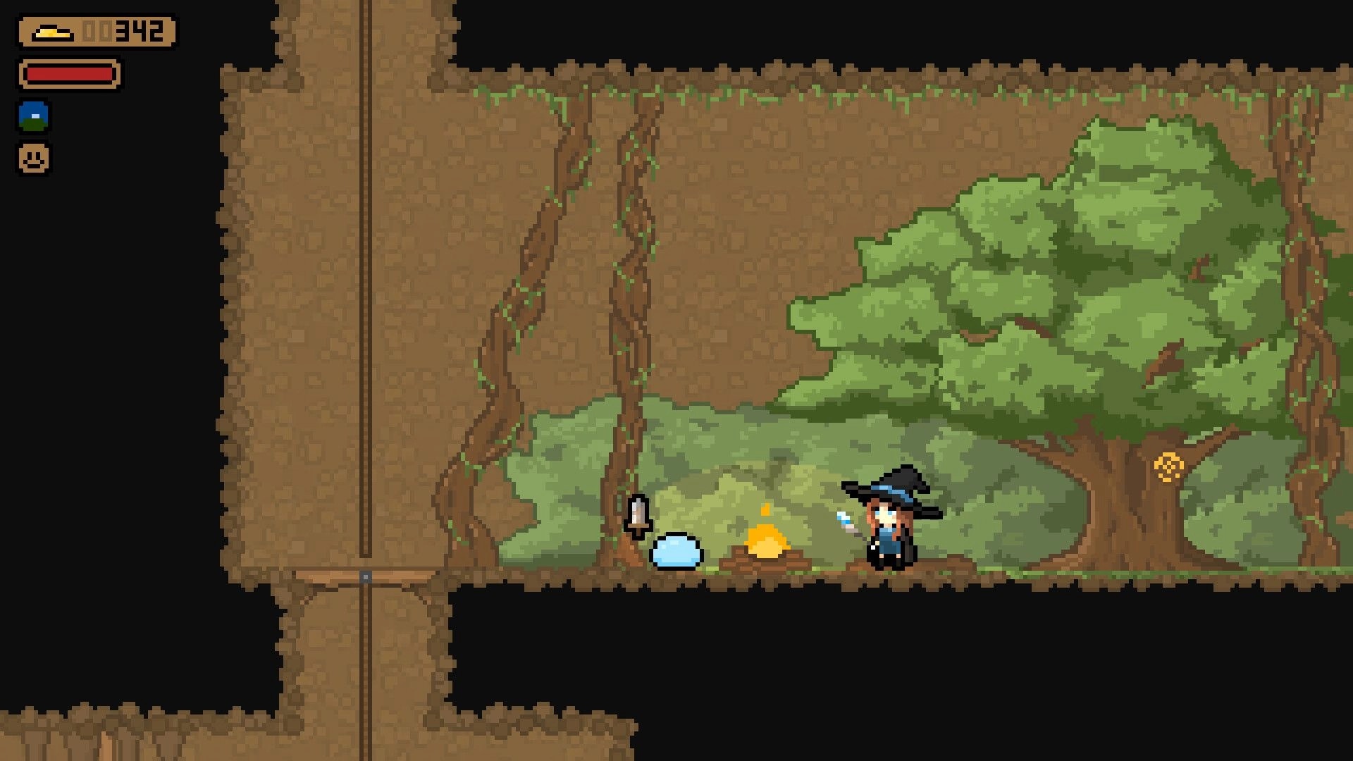 Country Slime: Wizard stands by campfire with blue slime in a forest cave, coin and health UI visible.