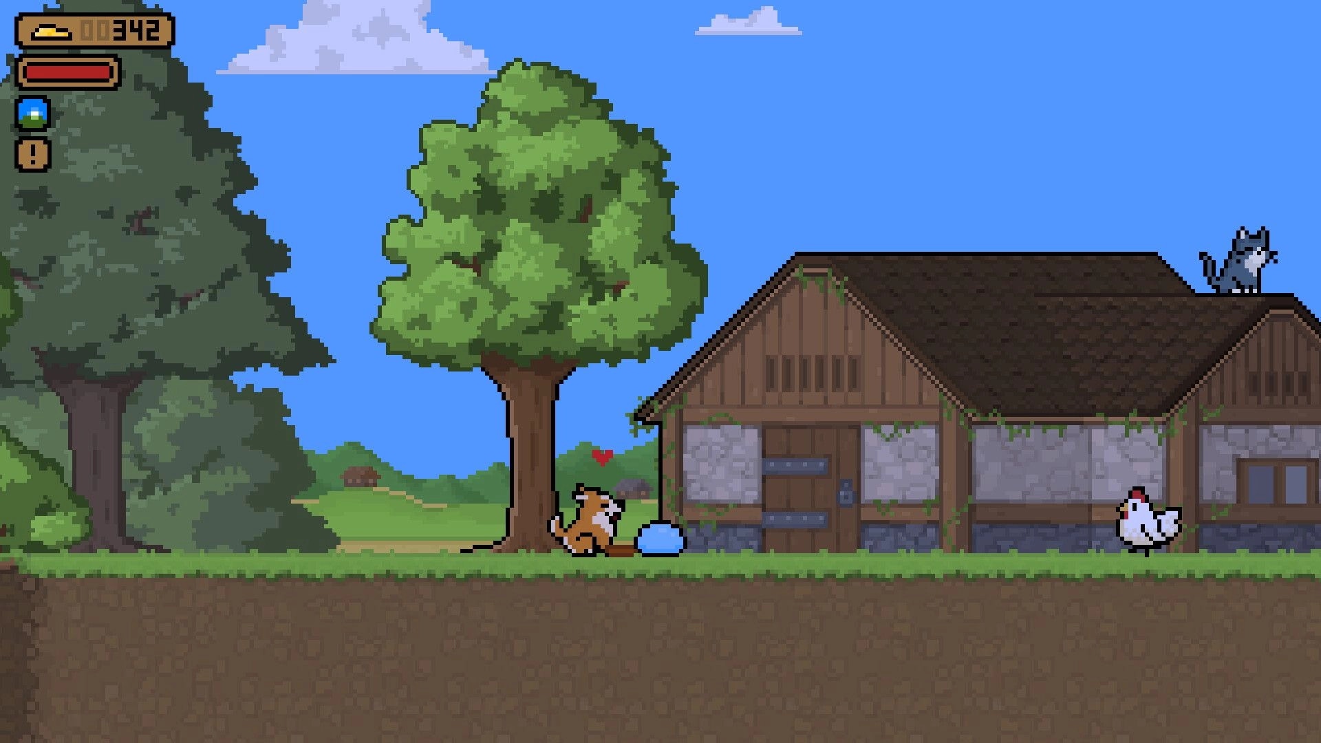Country Slime: Fox and blue slime idle by a farmhouse, with coin counter and health UI at top left.