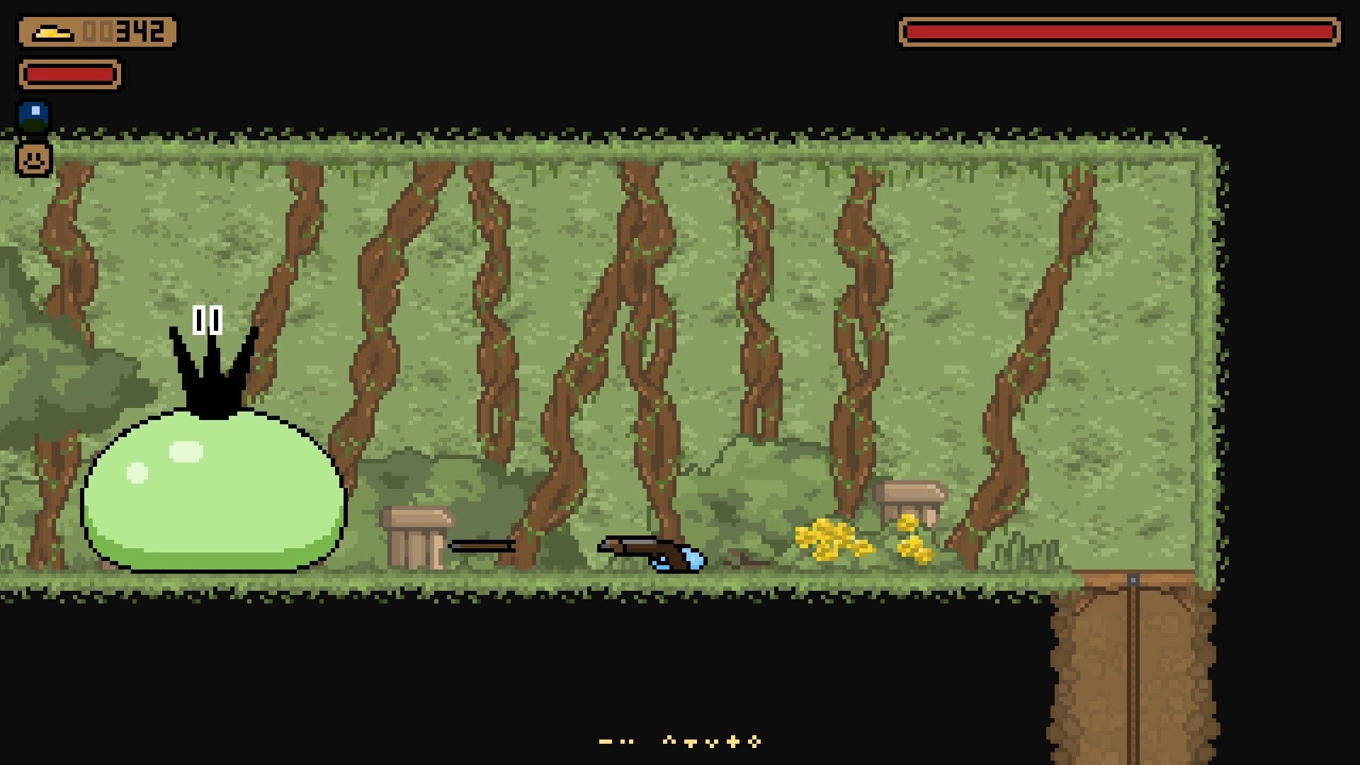Country Slime: Green crowned slime beside dropped weapons and coins in a vine-filled cave with HUD bars.