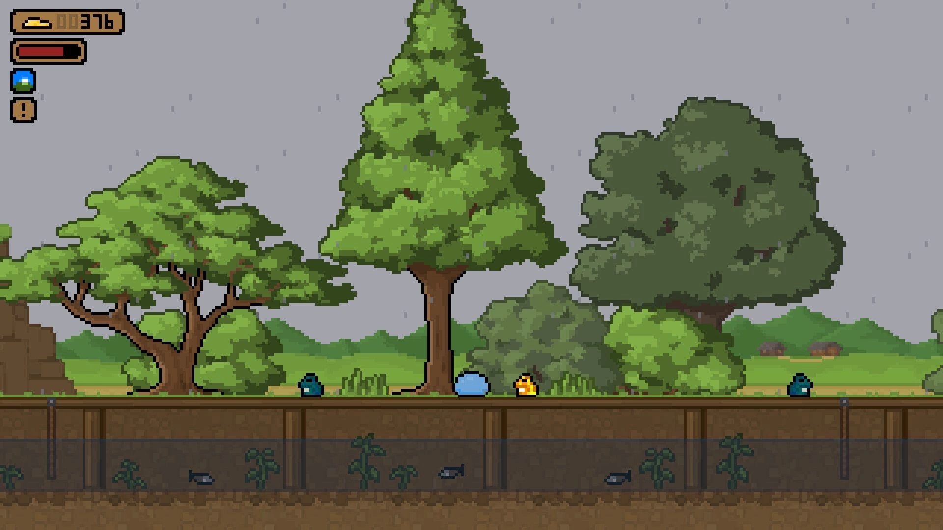 Country Slime: Blue slime and yellow creature on grassy platform under trees, HUD shows 376 gold.