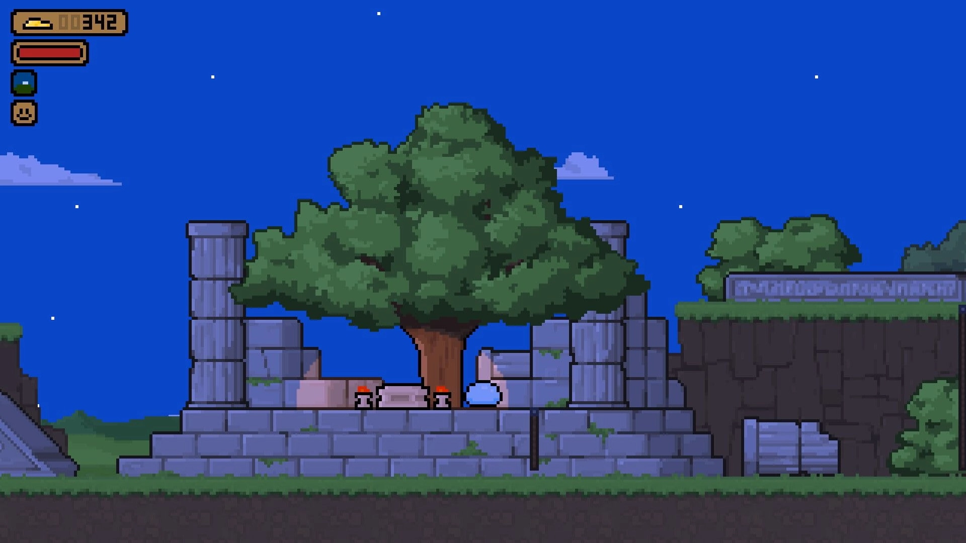 Country Slime: Blue slime rests by a tree and stone ruins at night, HUD shows coin count and health bar.