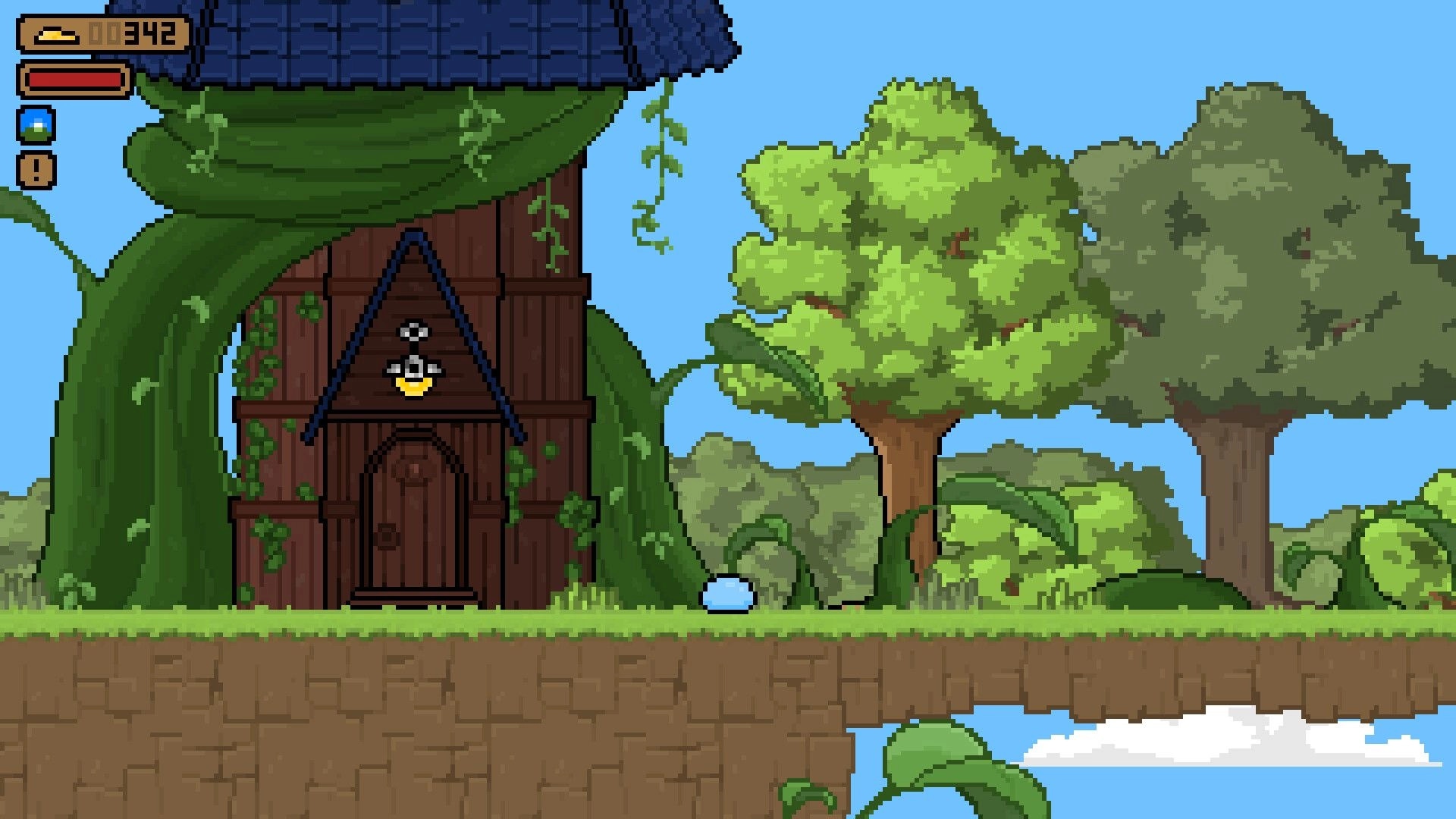 Country Slime: Blue slime outside vine-covered wooden house, HUD shows coins 342 in sunny forest clearing.