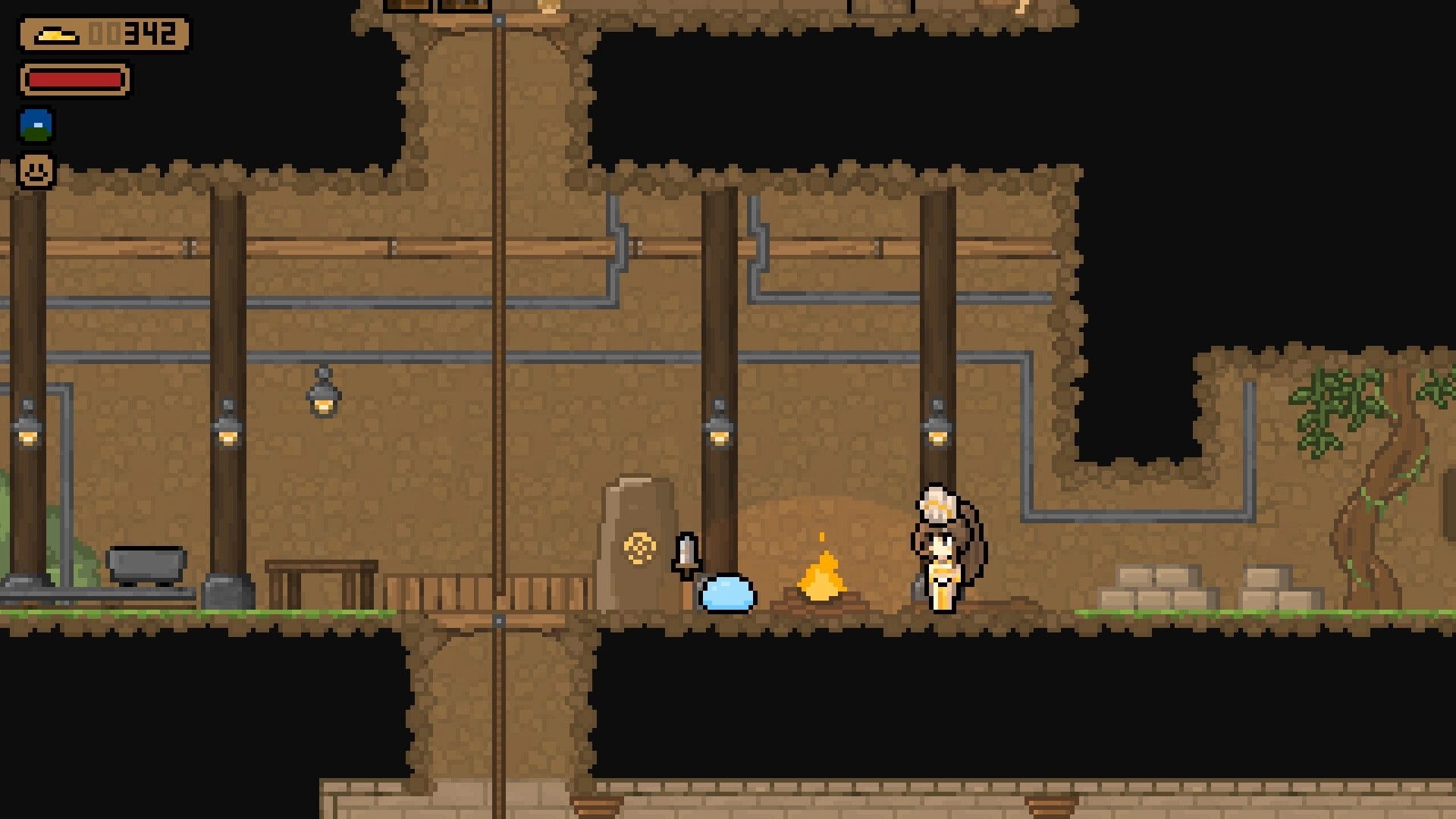 Country Slime: Blue slime and miner stand by a campfire in an underground tunnel with lamps and UI coins 342.