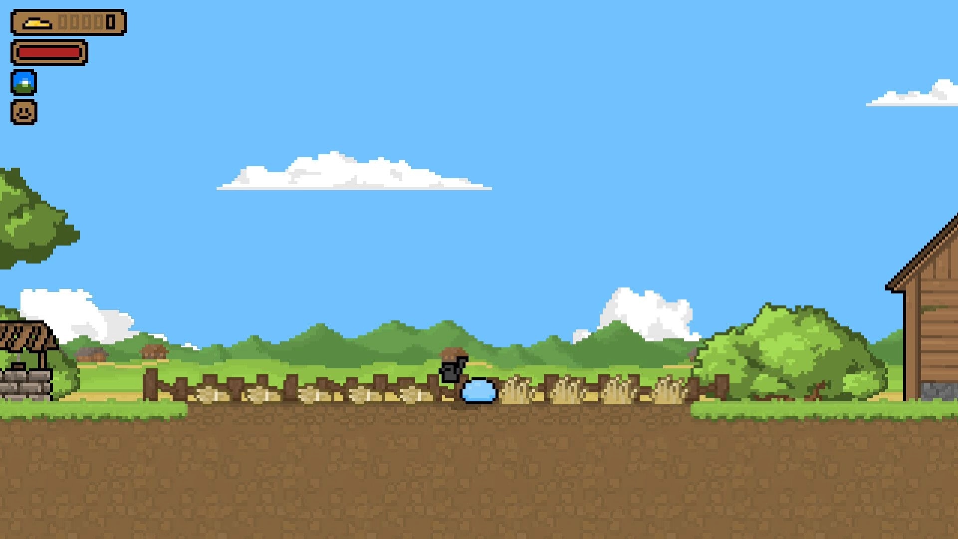 Country Slime: Blue slime beside a farmer by a fenced crop field, HUD bars and icons at top left.