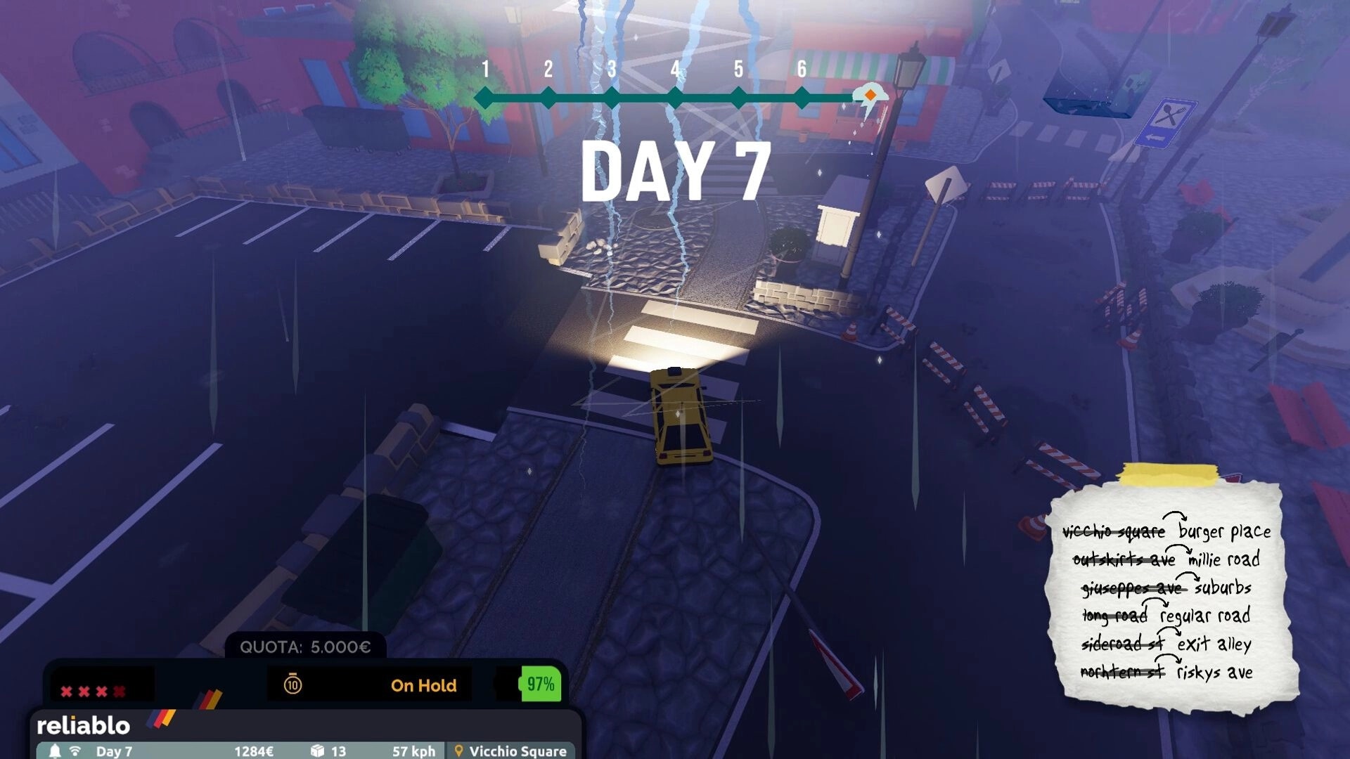 Courier 79: Day 7 driving scene with car in foggy Italian town, checklist and speedometer UI visible