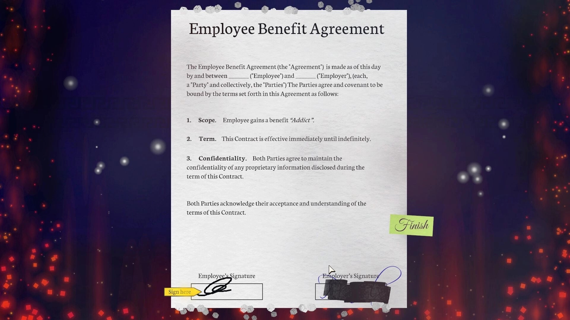 Courier 79: Signing an employee benefit agreement on a mystical, glowing backdrop with red and white orbs.