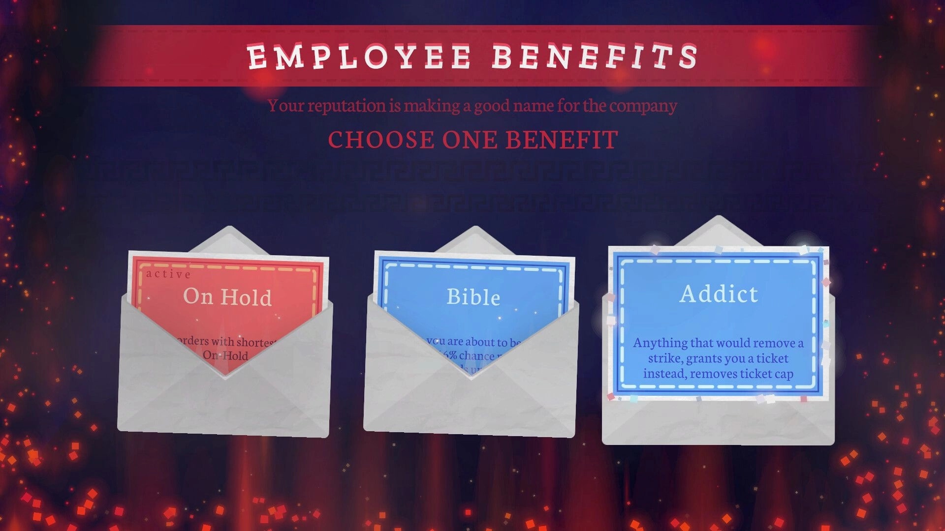 Courier 79: Select from three benefit cards, "On Hold," "Bible," and "Addict," in menu interface.