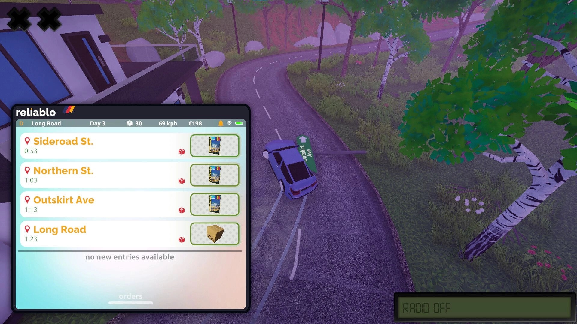 Courier 79: Driving on winding road with delivery menu open, showing multiple route options on screen.