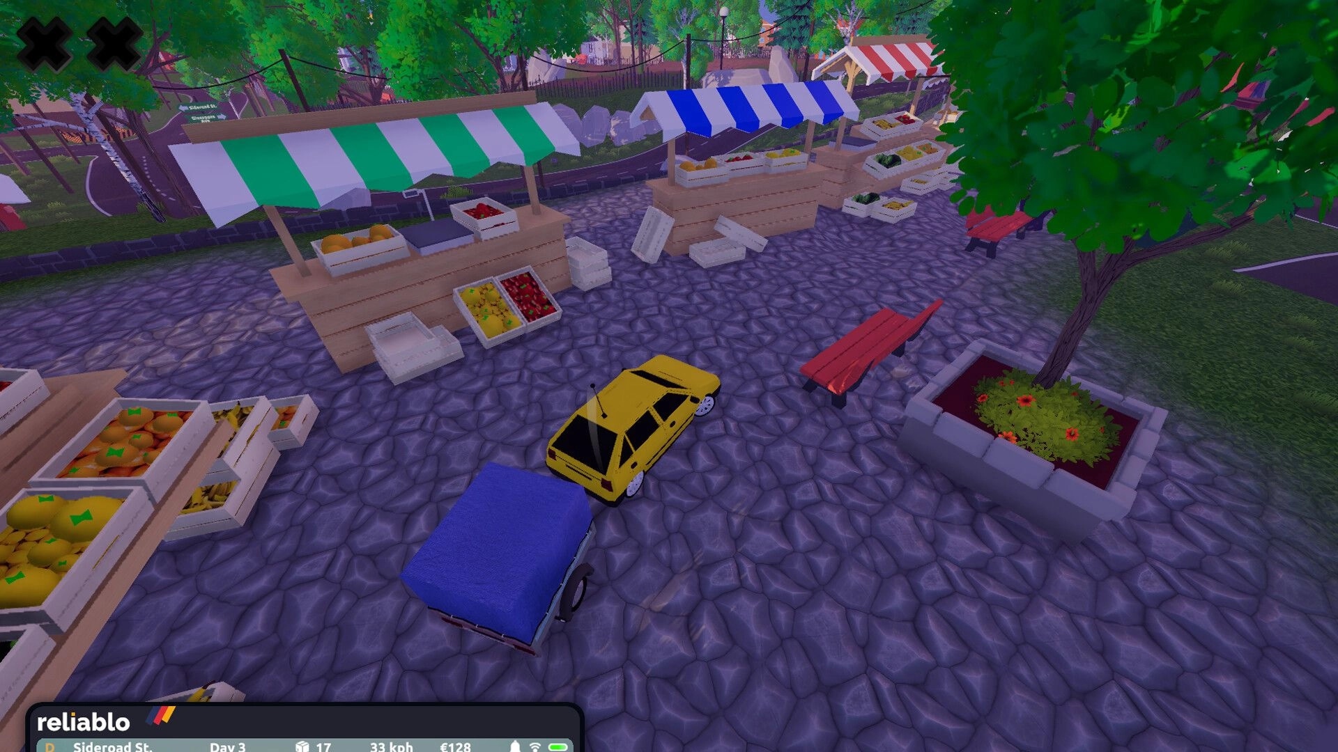 Courier 79: Yellow car navigating vibrant market stalls on cobblestone street with fruit displays