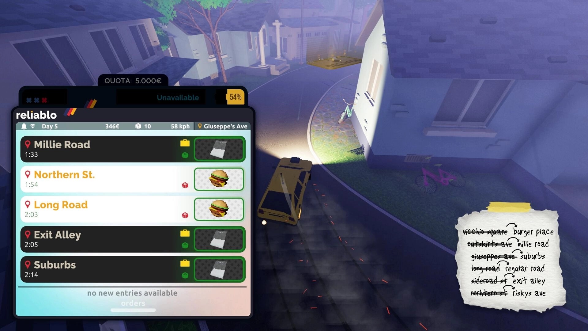 Courier 79: Delivery vehicle navigating narrow road at night with order list UI on display