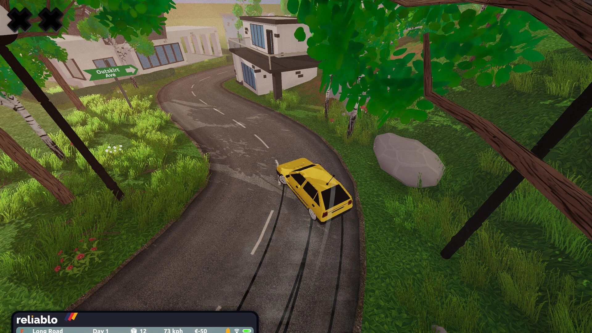 Courier 79: Yellow car skids on winding road near Outskirt Ave sign, surrounded by lush greenery.